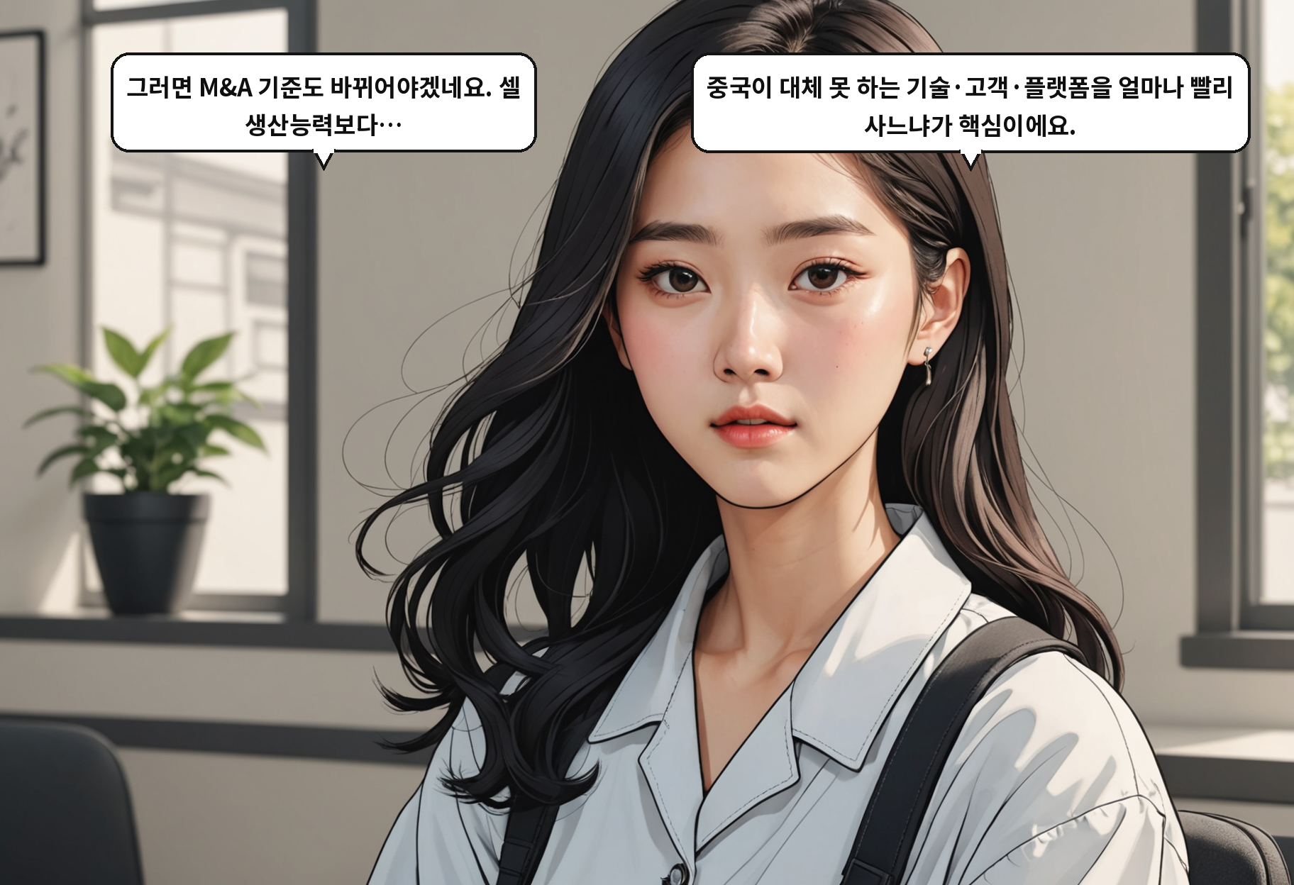 B: 그러면 M&A 기준도 바뀌어야겠네요. 셀 생산능력보다… A: 중국이 대체 못 하는 기술·고객·플랫폼을 얼마나 빨리 사느냐가 핵심이에요.