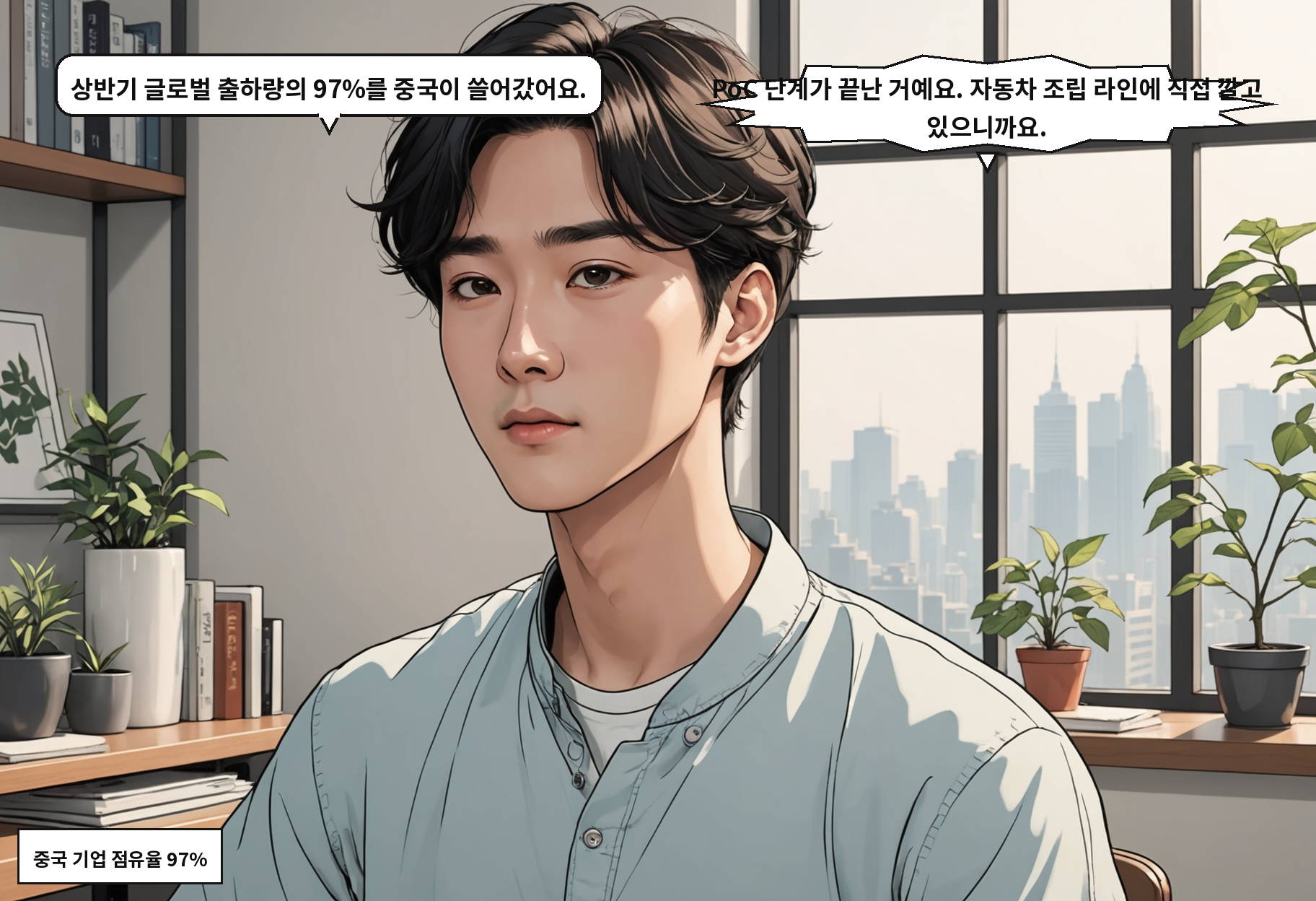 A: 상반기 글로벌 출하량의 97%를 중국이 쓸어갔어요. B: PoC 단계가 끝난 거예요. 자동차 조립 라인에 직접 깔고 있으니까요.