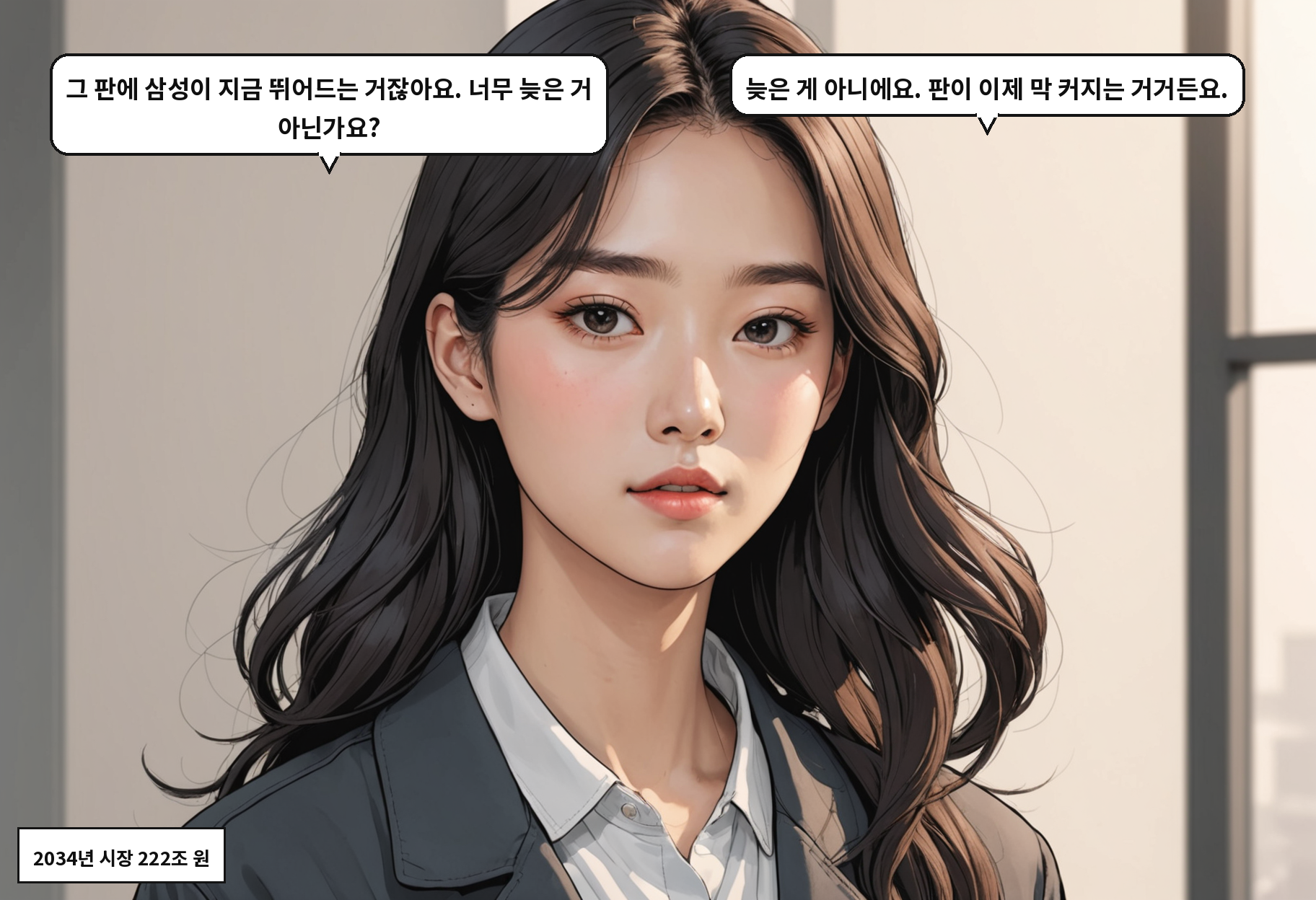 A: 그 판에 삼성이 지금 뛰어드는 거잖아요. 너무 늦은 거 아닌가요? B: 늦은 게 아니에요. 판이 이제 막 커지는 거거든요.