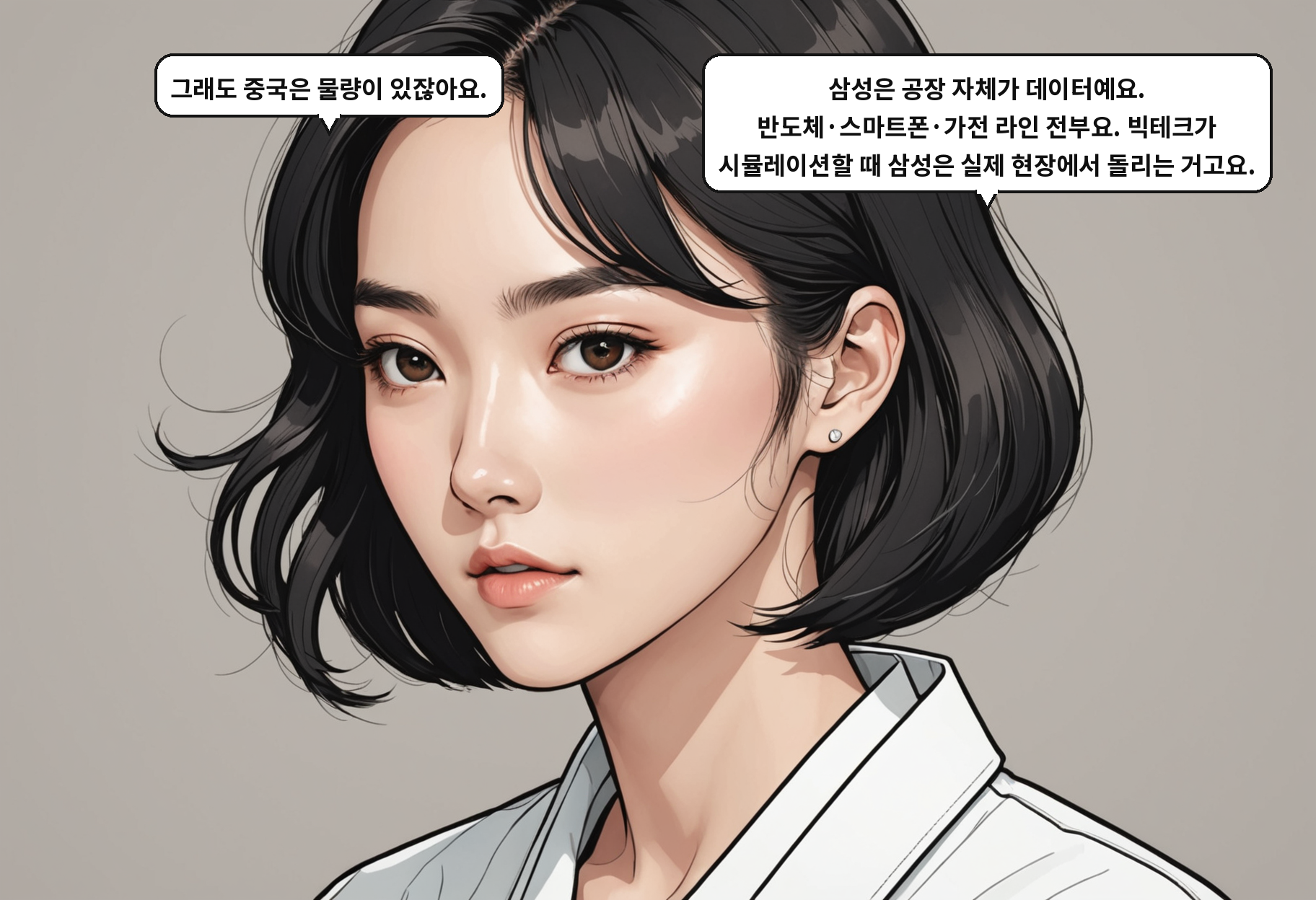 A: 그래도 중국은 물량이 있잖아요. B: 삼성은 공장 자체가 데이터예요. 반도체·스마트폰·가전 라인 전부요. 빅테크가 시뮬레이션할 때 삼성은 실제 현장에서 돌리는 거고요.