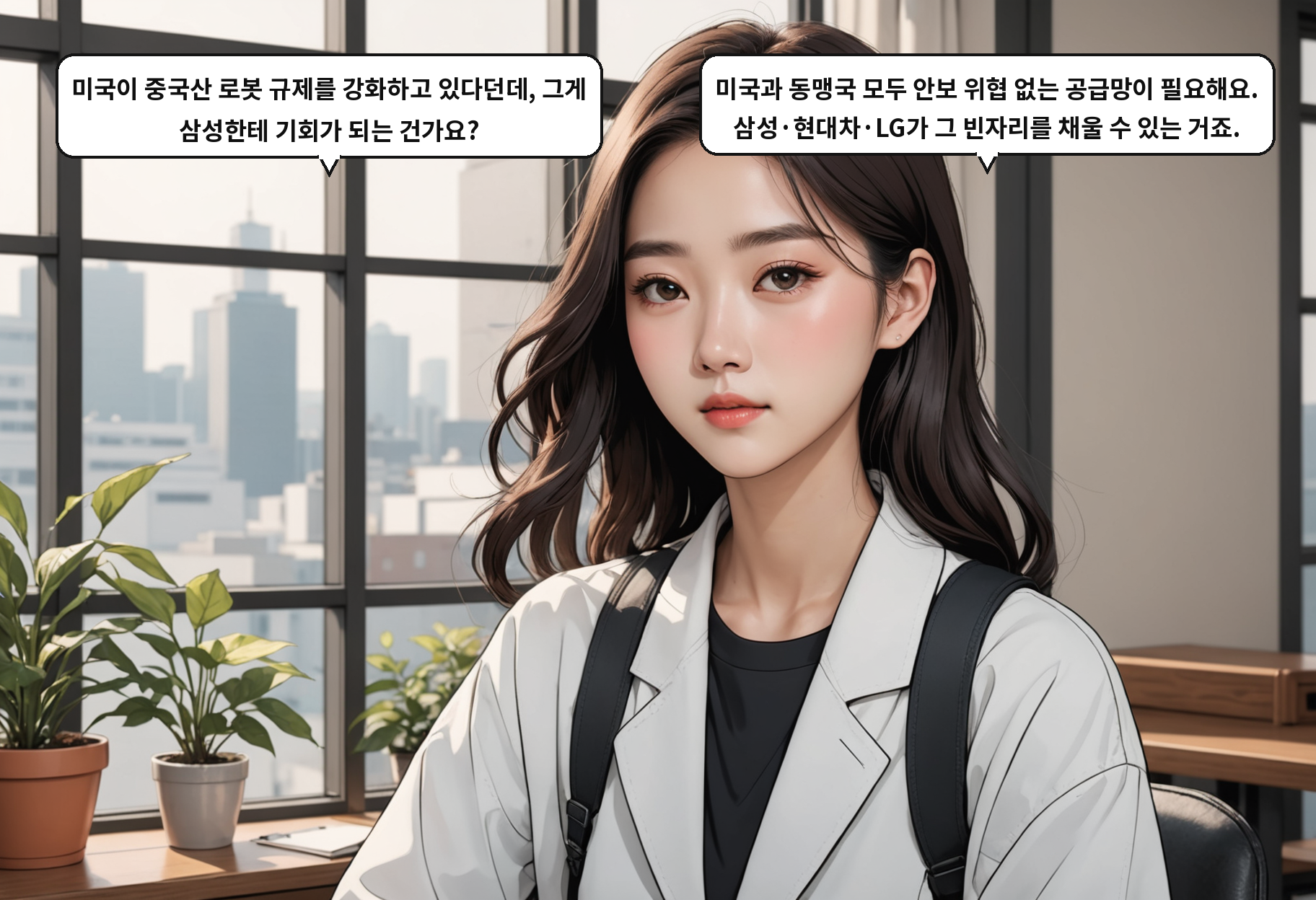 A: 미국이 중국산 로봇 규제를 강화하고 있다던데, 그게 삼성한테 기회가 되는 건가요? B: 미국과 동맹국 모두 안보 위협 없는 공급망이 필요해요. 삼성·현대차·LG가 그 빈자리를 채울 수 있는 거죠.
