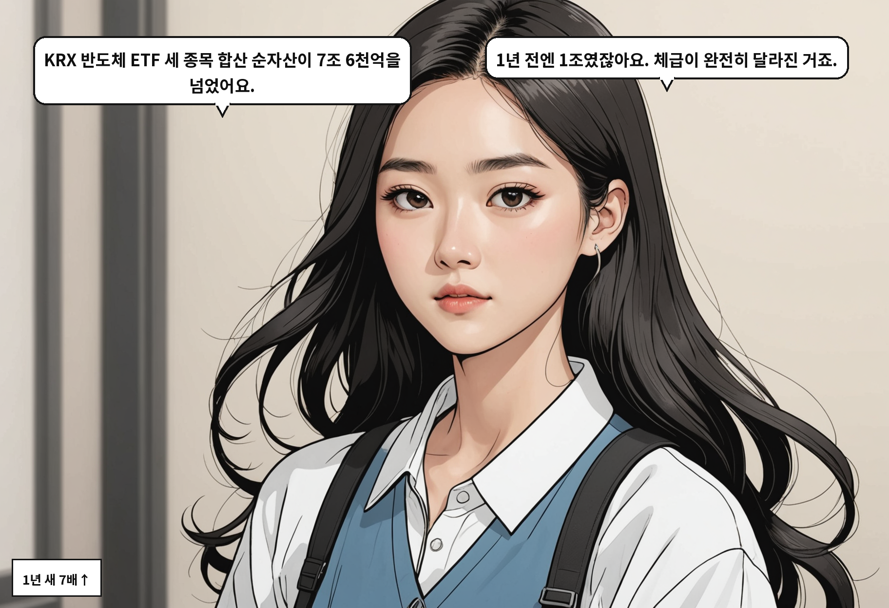 A: KRX 반도체 ETF 세 종목 합산 순자산이 7조 6천억을 넘었어요. B: 1년 전엔 1조였잖아요. 체급이 완전히 달라진 거죠.