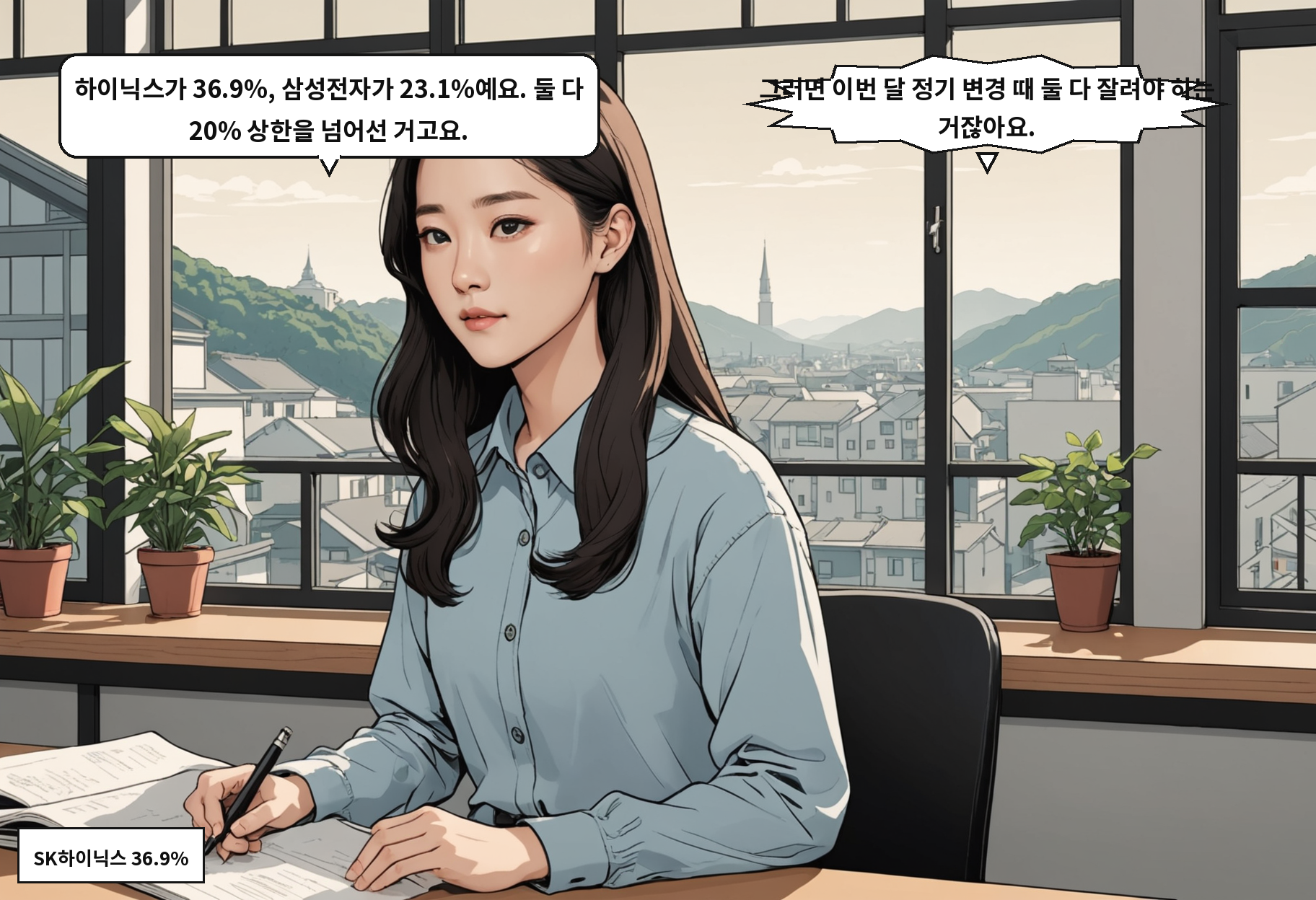 A: 하이닉스가 36.9%, 삼성전자가 23.1%예요. 둘 다 20% 상한을 넘어선 거고요. B: 그러면 이번 달 정기 변경 때 둘 다 잘려야 하는 거잖아요.