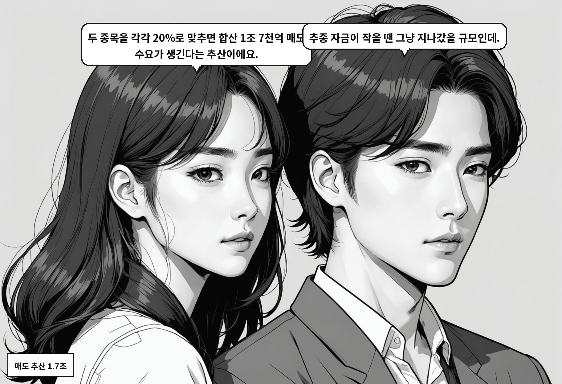 A: 두 종목을 각각 20%로 맞추면 합산 1조 7천억 매도 수요가 생긴다는 추산이에요. B: 추종 자금이 작을 땐 그냥 지나갔을 규모인데.