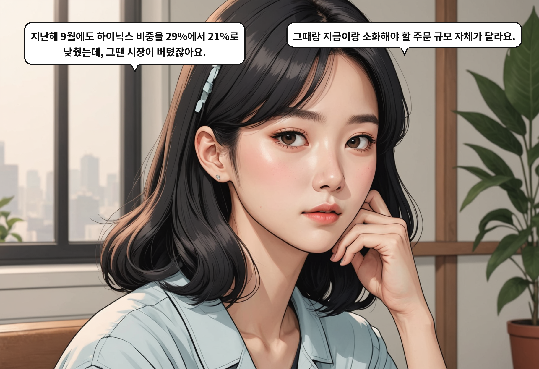 B: 지난해 9월에도 하이닉스 비중을 29%에서 21%로 낮췄는데, 그땐 시장이 버텼잖아요. A: 그때랑 지금이랑 소화해야 할 주문 규모 자체가 달라요.