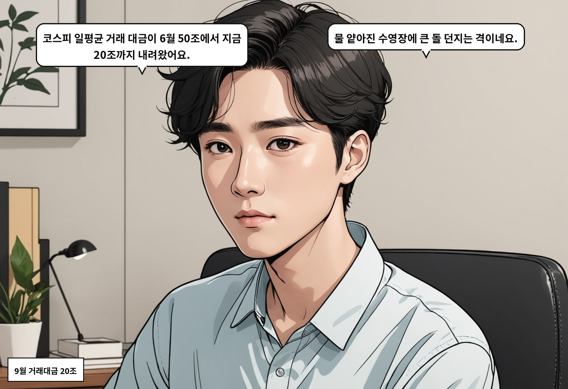 A: 코스피 일평균 거래 대금이 6월 50조에서 지금 20조까지 내려왔어요. B: 물 얕아진 수영장에 큰 돌 던지는 격이네요.