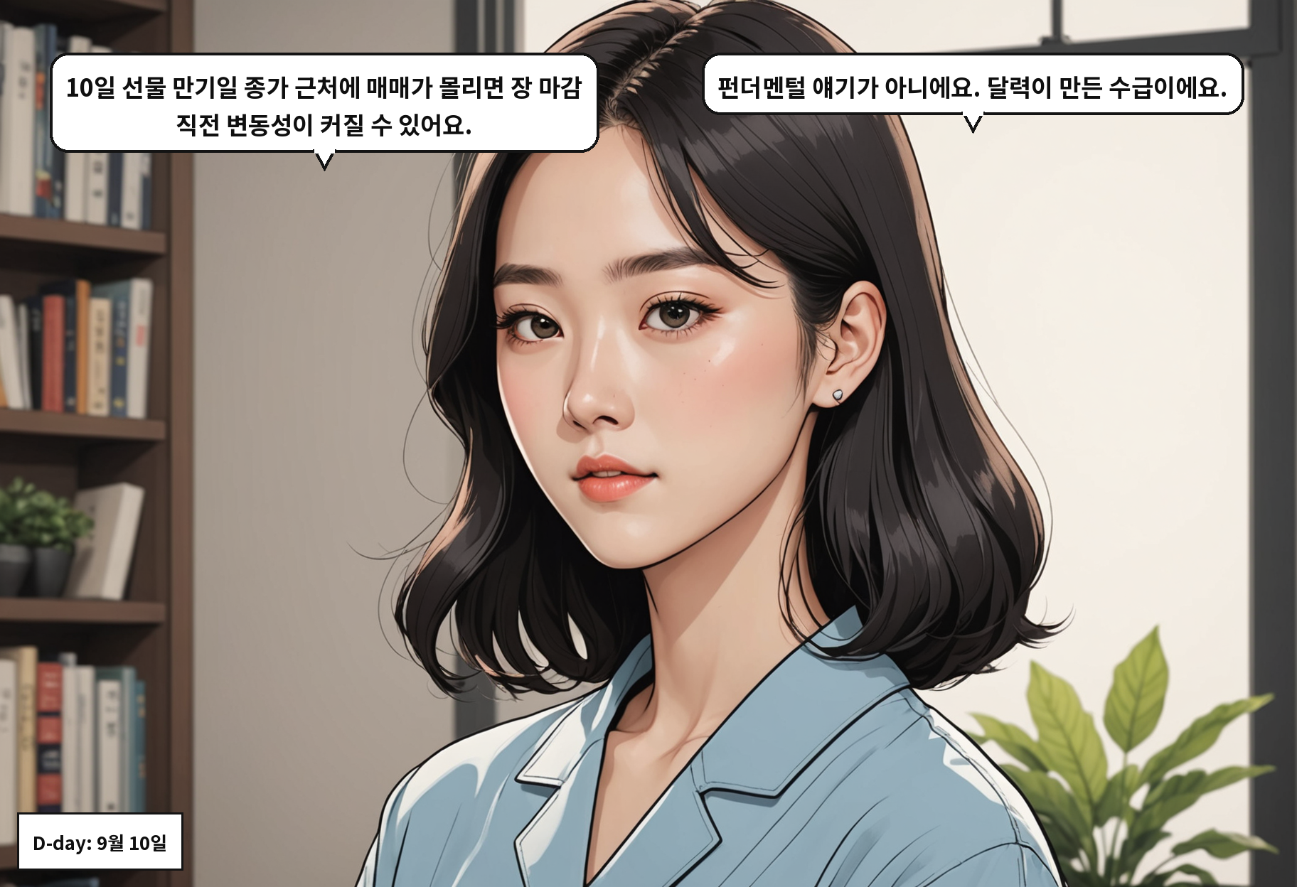 A: 10일 선물 만기일 종가 근처에 매매가 몰리면 장 마감 직전 변동성이 커질 수 있어요. B: 펀더멘털 얘기가 아니에요. 달력이 만든 수급이에요.