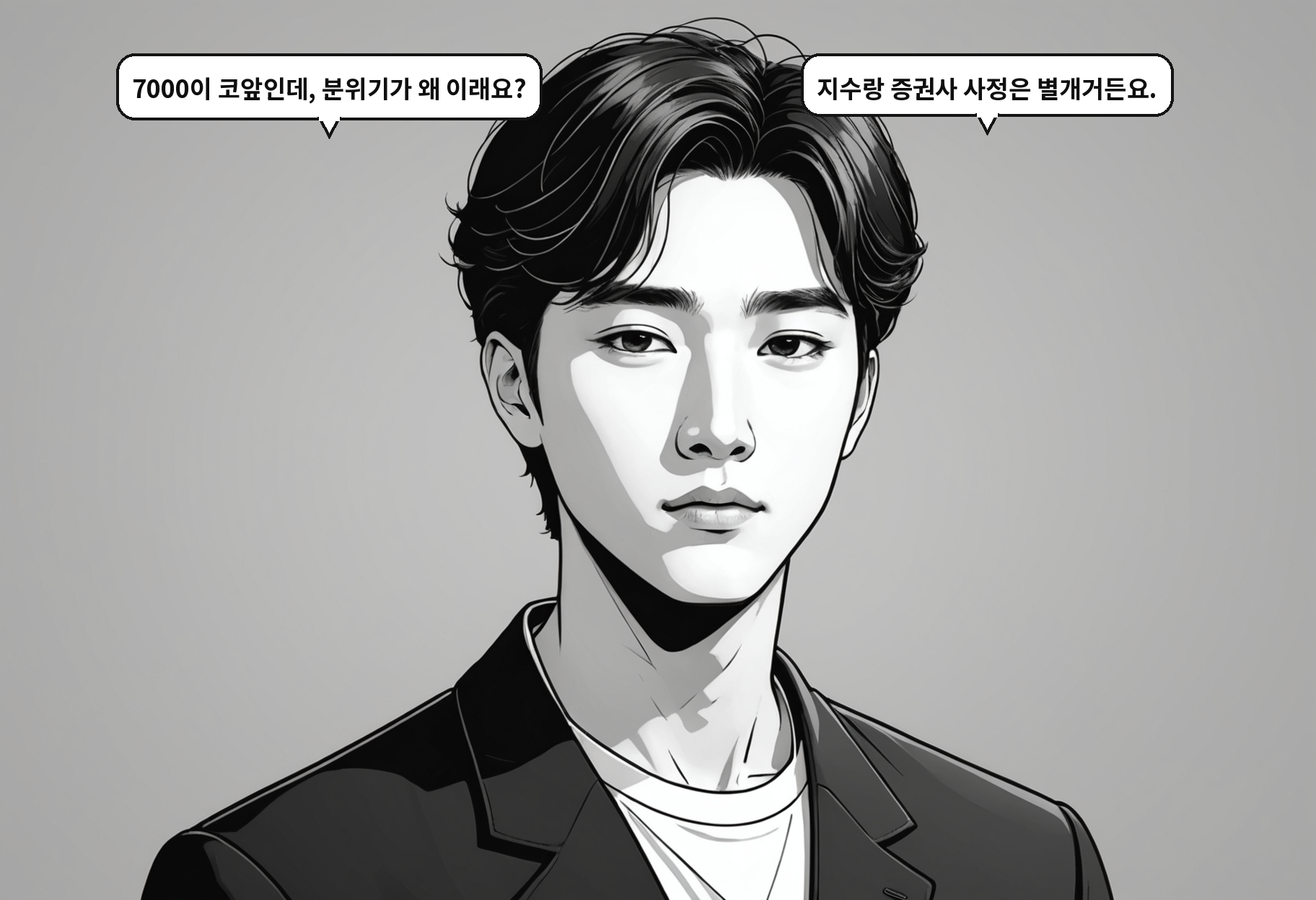 B: 7000이 코앞인데, 분위기가 왜 이래요? A: 지수랑 증권사 사정은 별개거든요.