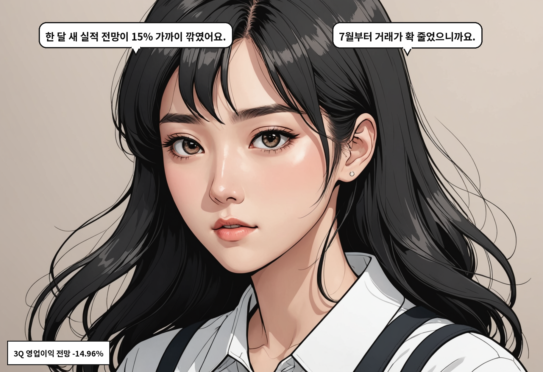 A: 한 달 새 실적 전망이 15% 가까이 깎였어요. B: 7월부터 거래가 확 줄었으니까요.