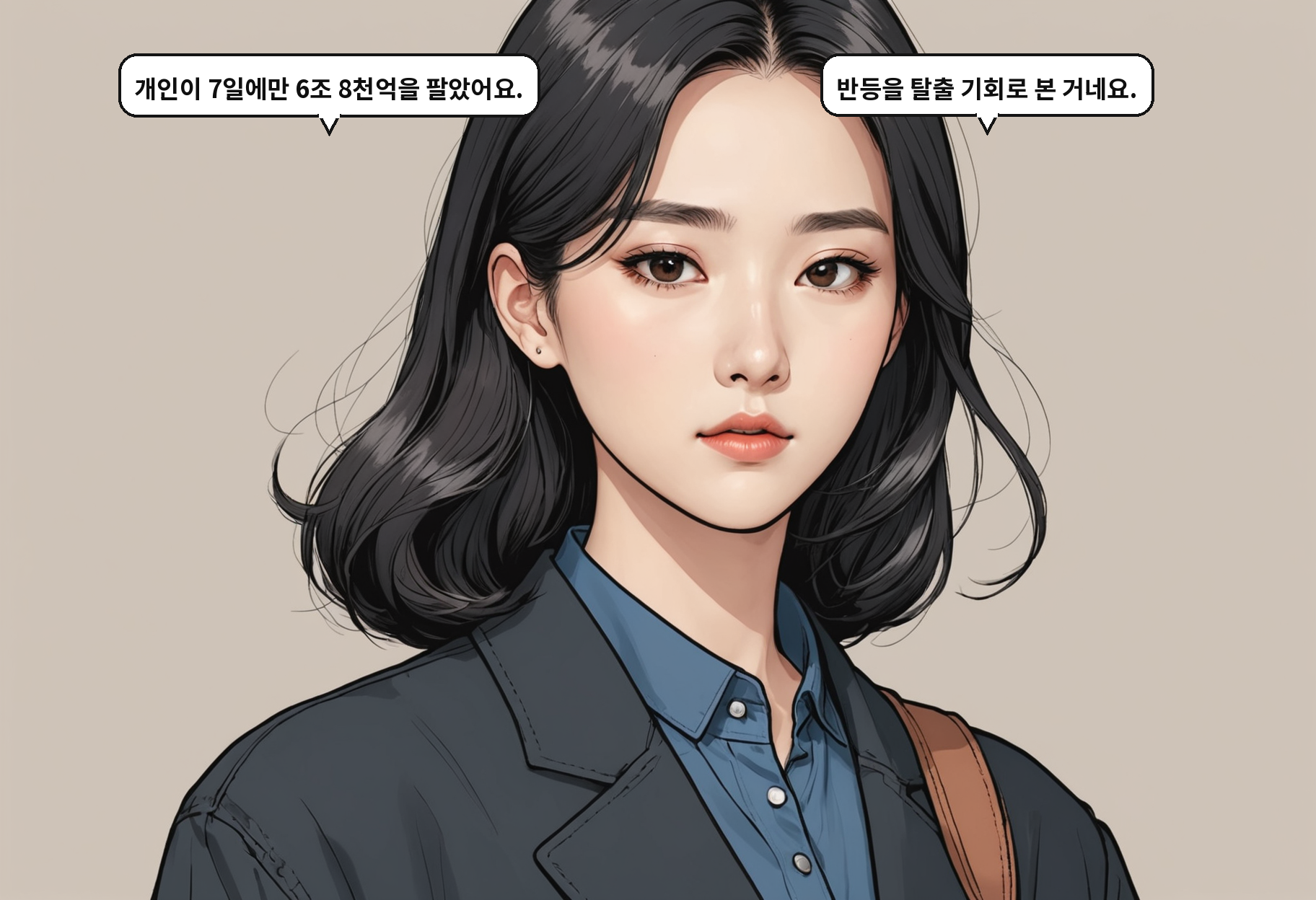 A: 개인이 7일에만 6조 8천억을 팔았어요. B: 반등을 탈출 기회로 본 거네요.