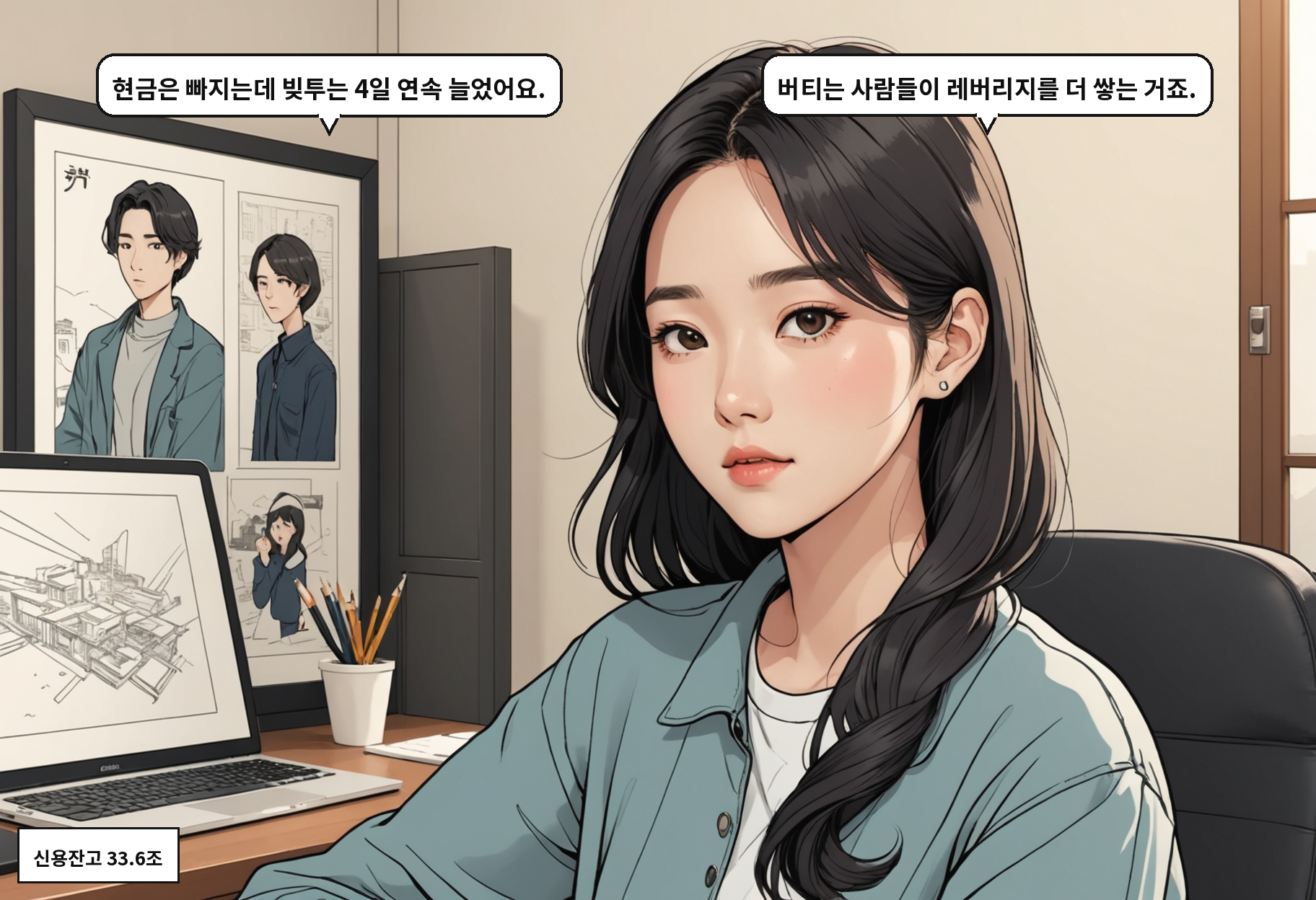 A: 현금은 빠지는데 빚투는 4일 연속 늘었어요. B: 버티는 사람들이 레버리지를 더 쌓는 거죠.