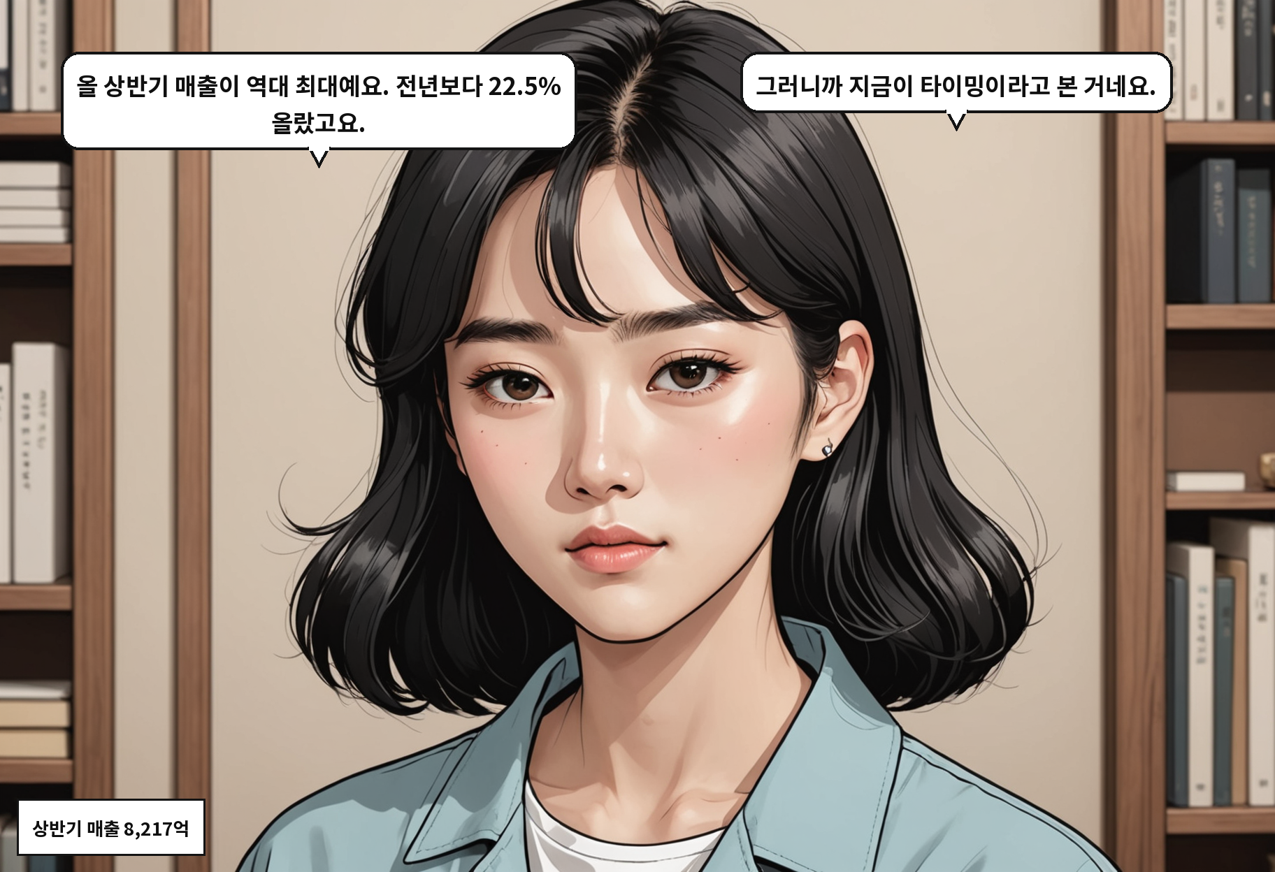 B: 올 상반기 매출이 역대 최대예요. 전년보다 22.5% 올랐고요. A: 그러니까 지금이 타이밍이라고 본 거네요.