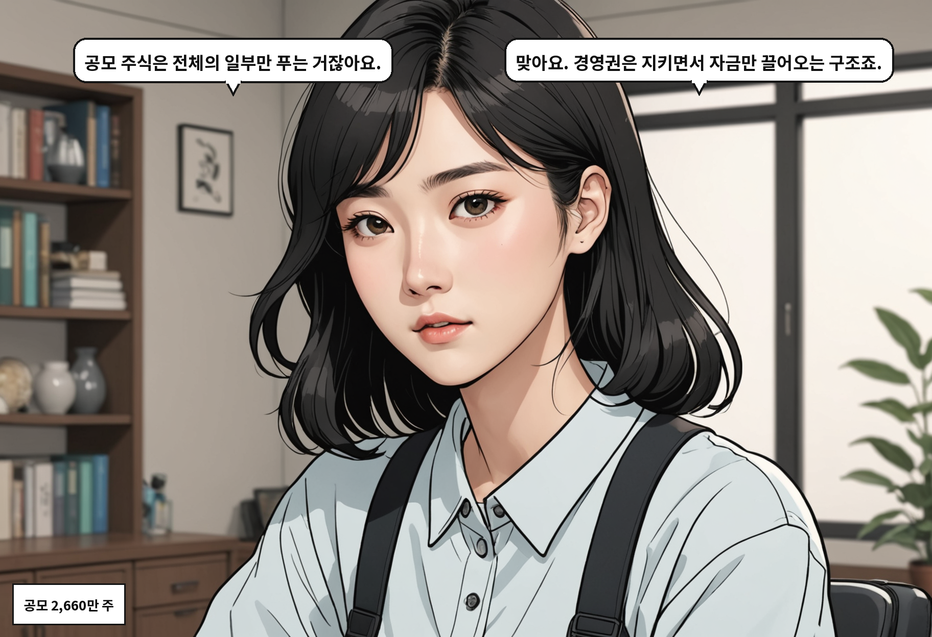 A: 공모 주식은 전체의 일부만 푸는 거잖아요. B: 맞아요. 경영권은 지키면서 자금만 끌어오는 구조죠.
