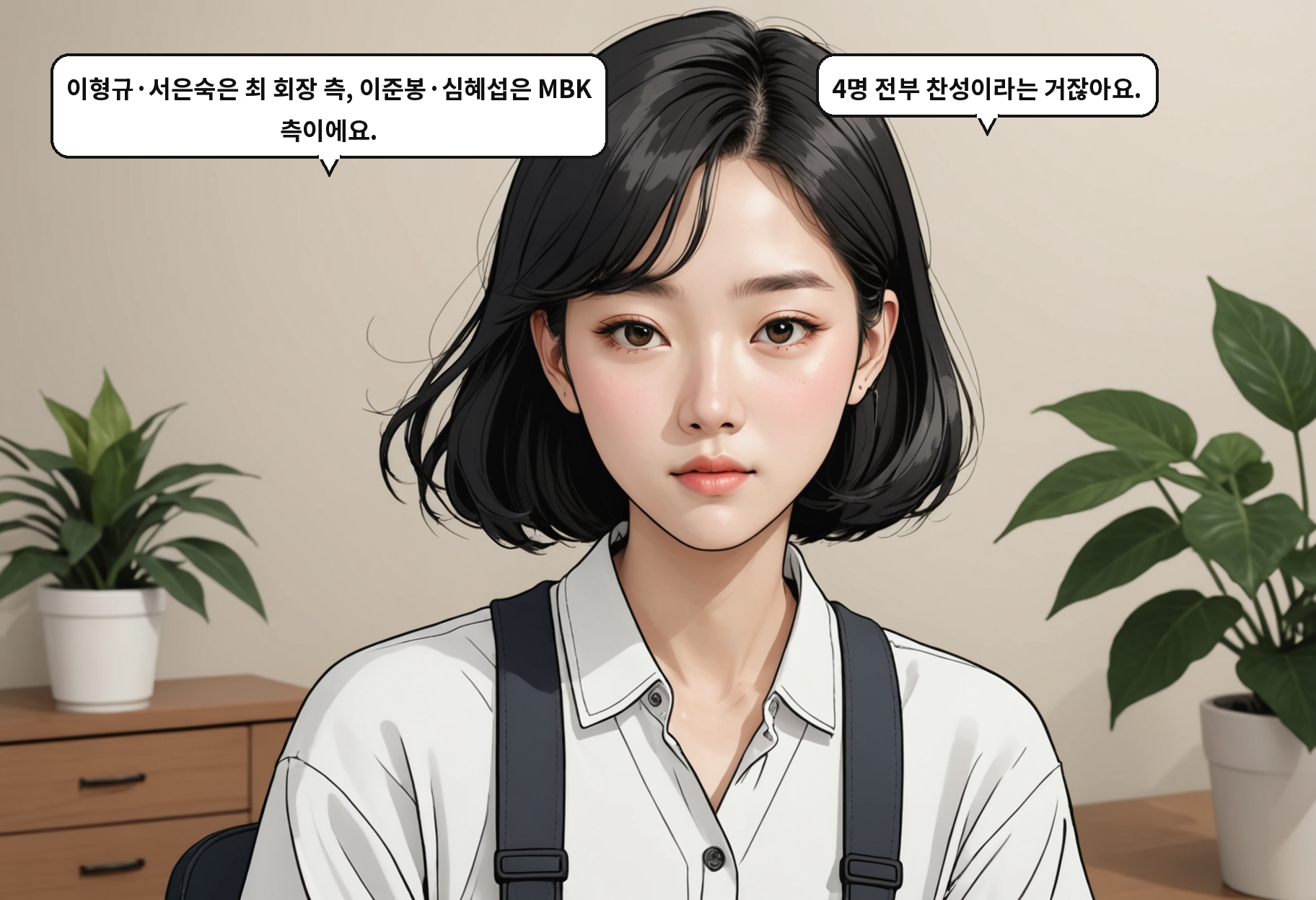 A: 이형규·서은숙은 최 회장 측, 이준봉·심혜섭은 MBK 측이에요. B: 4명 전부 찬성이라는 거잖아요.