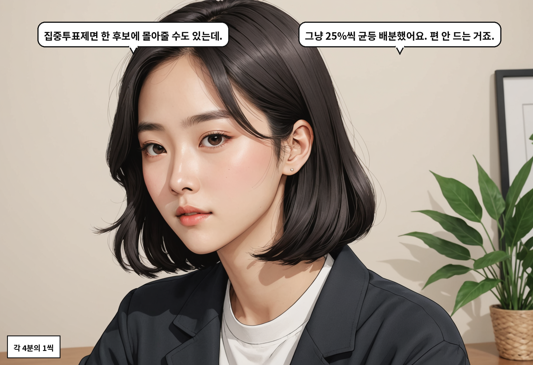 B: 집중투표제면 한 후보에 몰아줄 수도 있는데. A: 그냥 25%씩 균등 배분했어요. 편 안 드는 거죠.