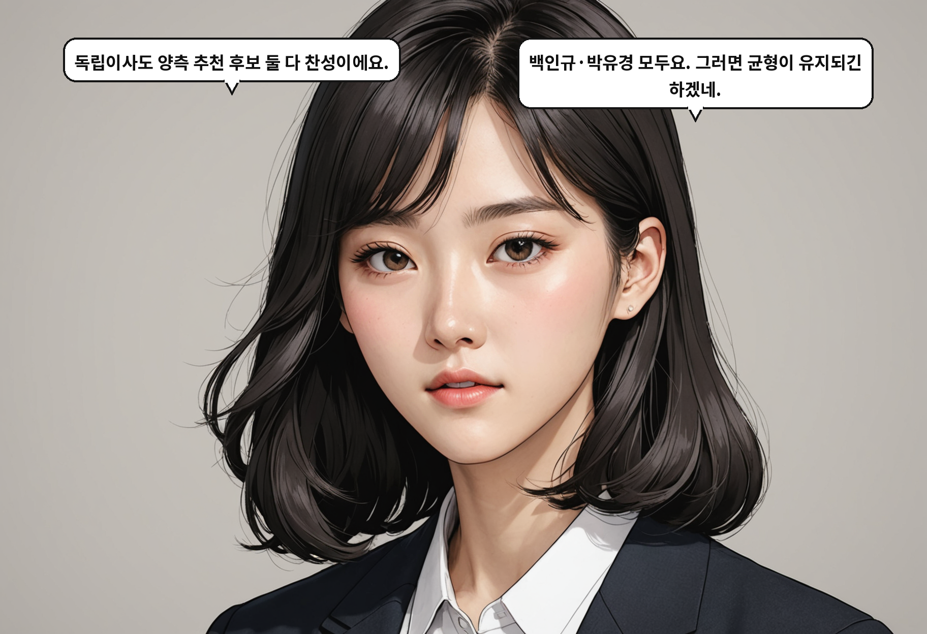 A: 독립이사도 양측 추천 후보 둘 다 찬성이에요. B: 백인규·박유경 모두요. 그러면 균형이 유지되긴 하겠네.