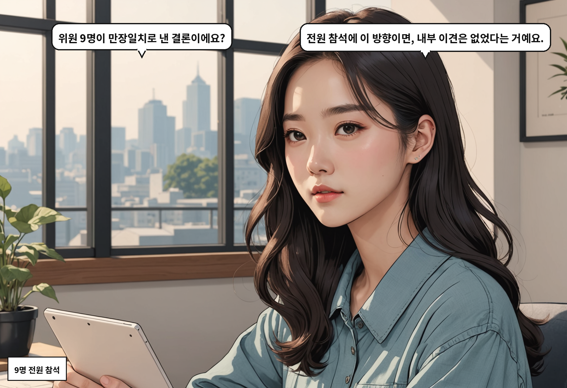 B: 위원 9명이 만장일치로 낸 결론이에요? A: 전원 참석에 이 방향이면, 내부 이견은 없었다는 거예요.