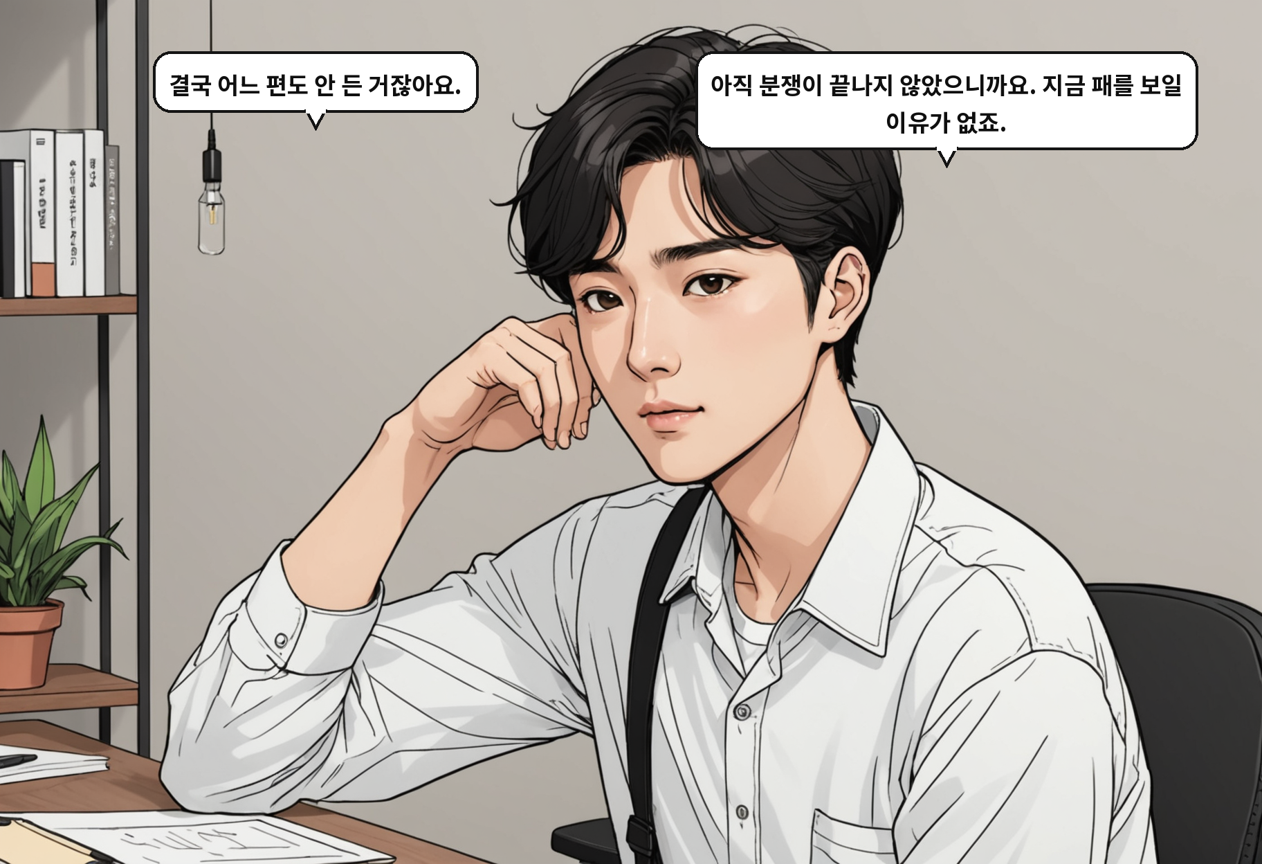 B: 결국 어느 편도 안 든 거잖아요. A: 아직 분쟁이 끝나지 않았으니까요. 지금 패를 보일 이유가 없죠.