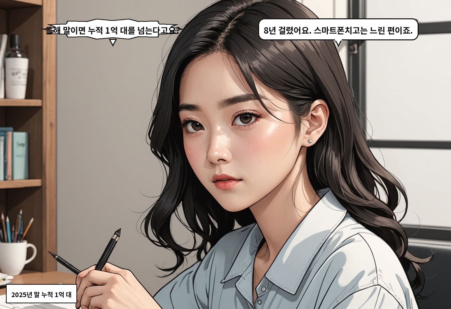 A: 올해 말이면 누적 1억 대를 넘는다고요? B: 8년 걸렸어요. 스마트폰치고는 느린 편이죠.