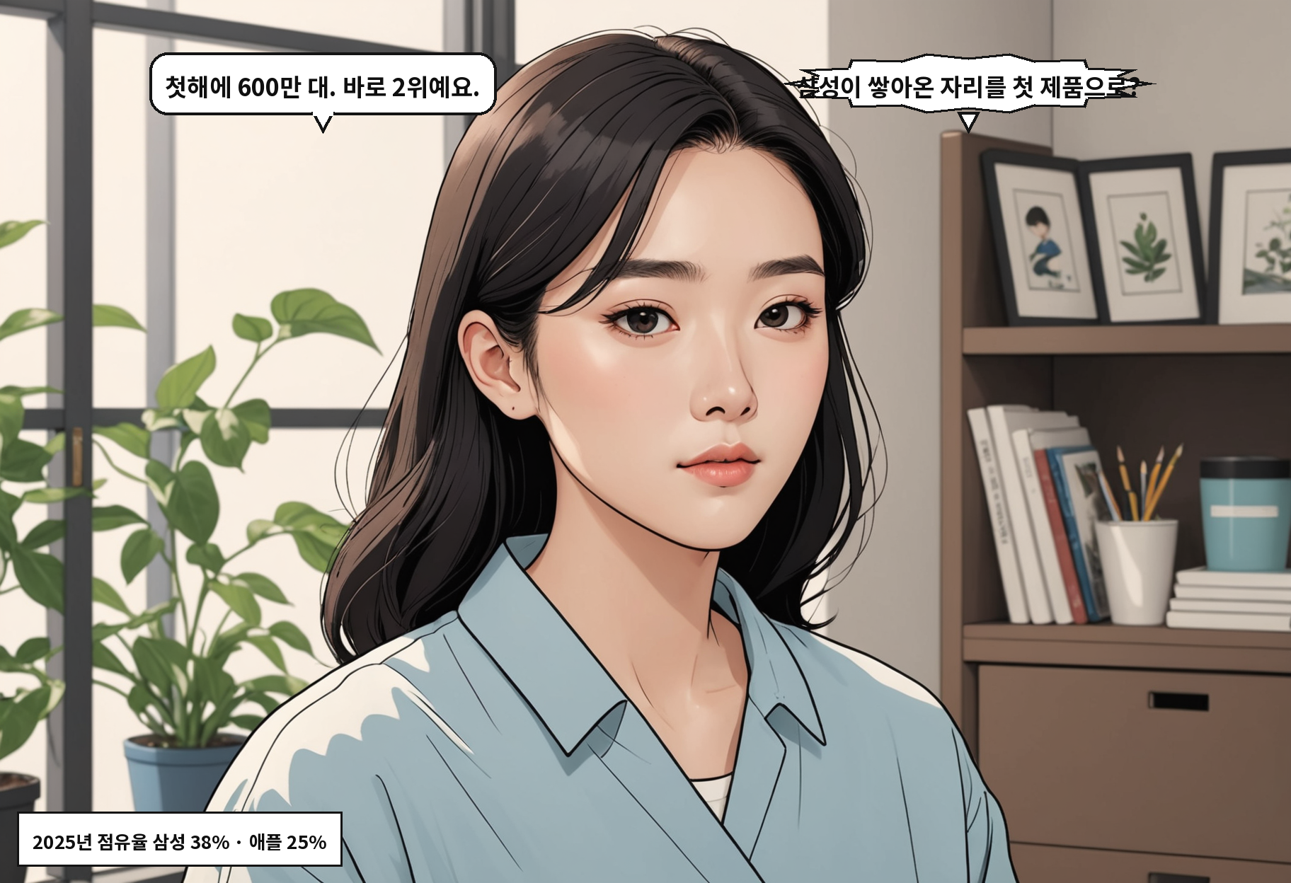 B: 첫해에 600만 대. 바로 2위예요. A: 삼성이 쌓아온 자리를 첫 제품으로?