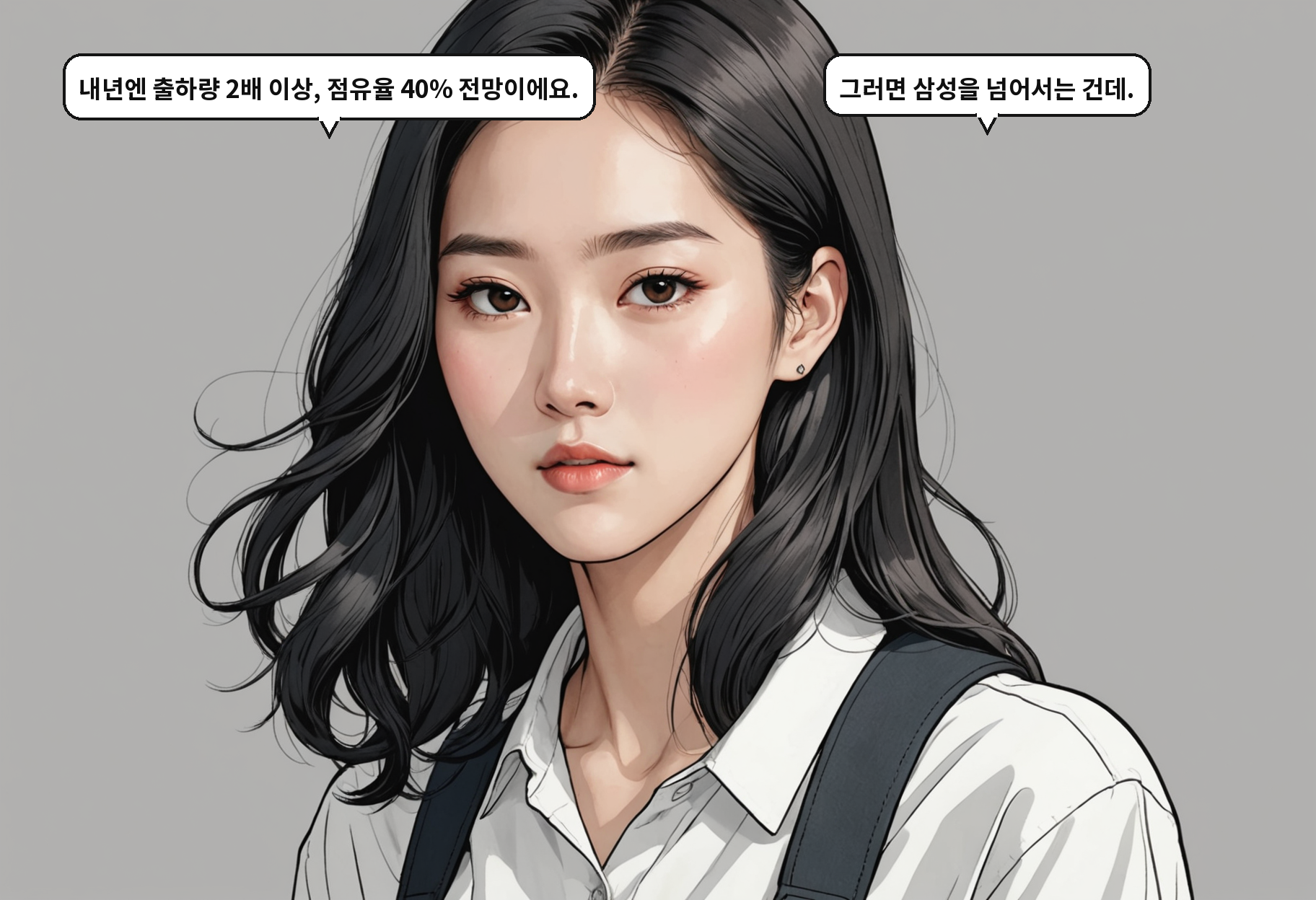 B: 내년엔 출하량 2배 이상, 점유율 40% 전망이에요. A: 그러면 삼성을 넘어서는 건데.