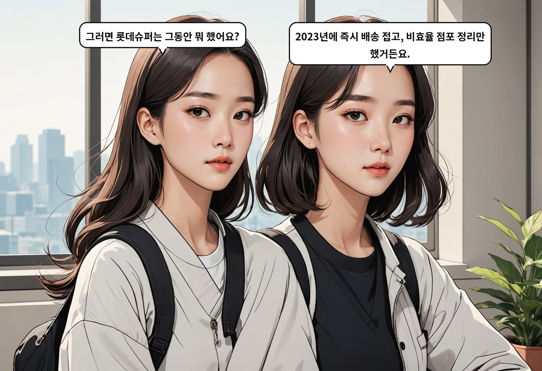 B: 그러면 롯데슈퍼는 그동안 뭐 했어요? A: 2023년에 즉시 배송 접고, 비효율 점포 정리만 했거든요.