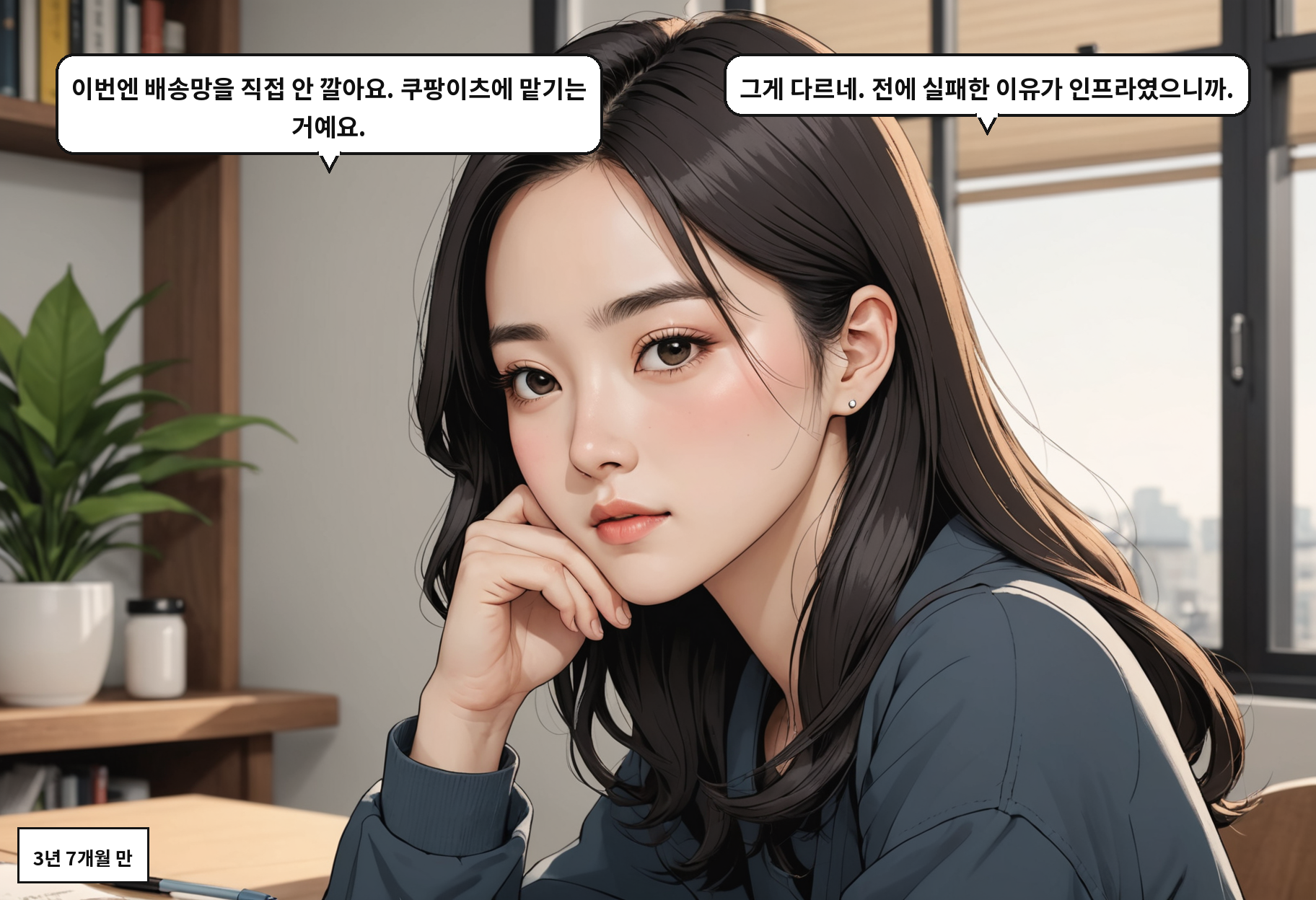A: 이번엔 배송망을 직접 안 깔아요. 쿠팡이츠에 맡기는 거예요. B: 그게 다르네. 전에 실패한 이유가 인프라였으니까.
