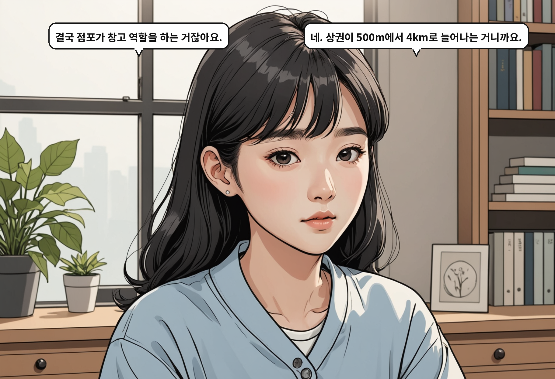 B: 결국 점포가 창고 역할을 하는 거잖아요. A: 네. 상권이 500m에서 4km로 늘어나는 거니까요.