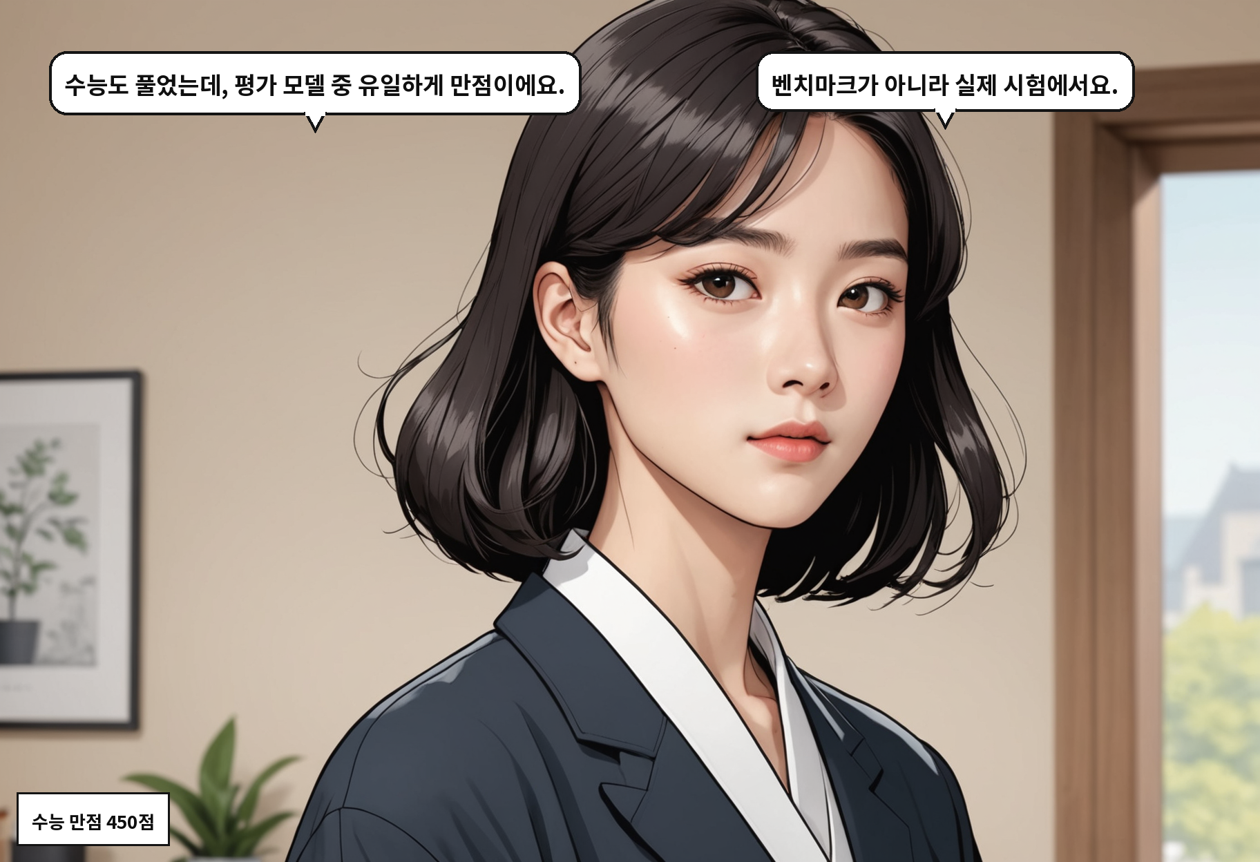 A: 수능도 풀었는데, 평가 모델 중 유일하게 만점이에요. B: 벤치마크가 아니라 실제 시험에서요.
