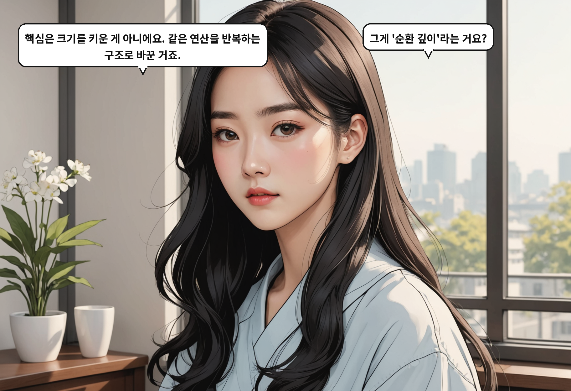 B: 핵심은 크기를 키운 게 아니에요. 같은 연산을 반복하는 구조로 바꾼 거죠. A: 그게 '순환 깊이'라는 거요?