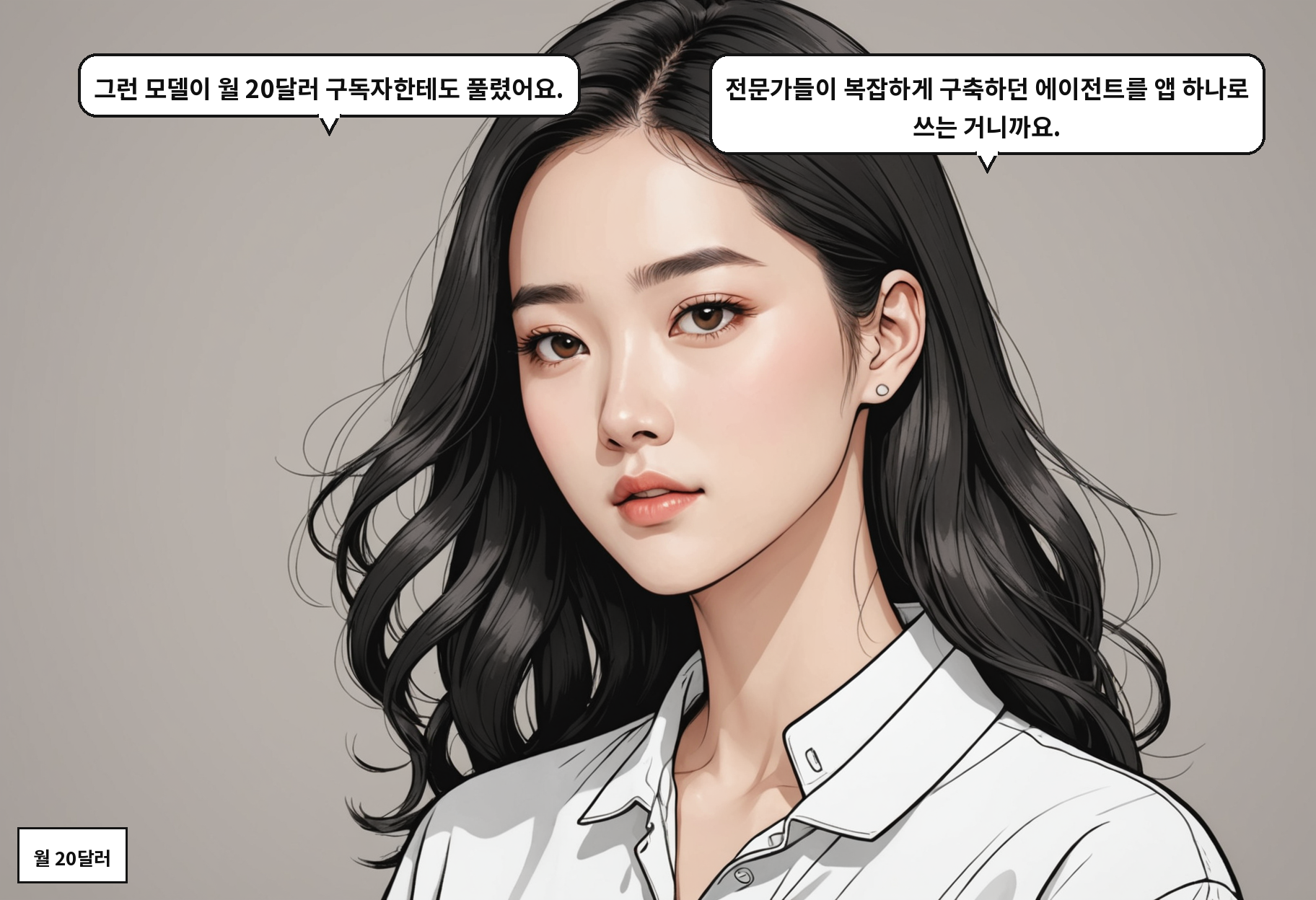 A: 그런 모델이 월 20달러 구독자한테도 풀렸어요. B: 전문가들이 복잡하게 구축하던 에이전트를 앱 하나로 쓰는 거니까요.