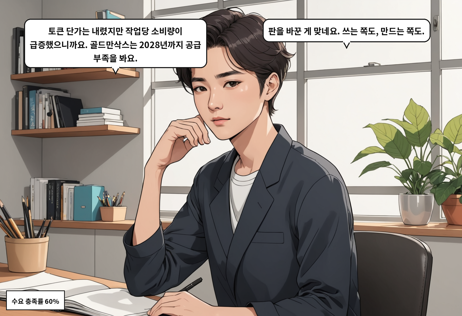 B: 토큰 단가는 내렸지만 작업당 소비량이 급증했으니까요. 골드만삭스는 2028년까지 공급 부족을 봐요. A: 판을 바꾼 게 맞네요. 쓰는 쪽도, 만드는 쪽도.