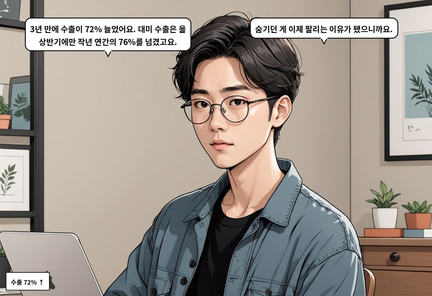 B: 3년 만에 수출이 72% 늘었어요. 대미 수출은 올 상반기에만 작년 연간의 76%를 넘겼고요. A: 숨기던 게 이제 팔리는 이유가 됐으니까요.
