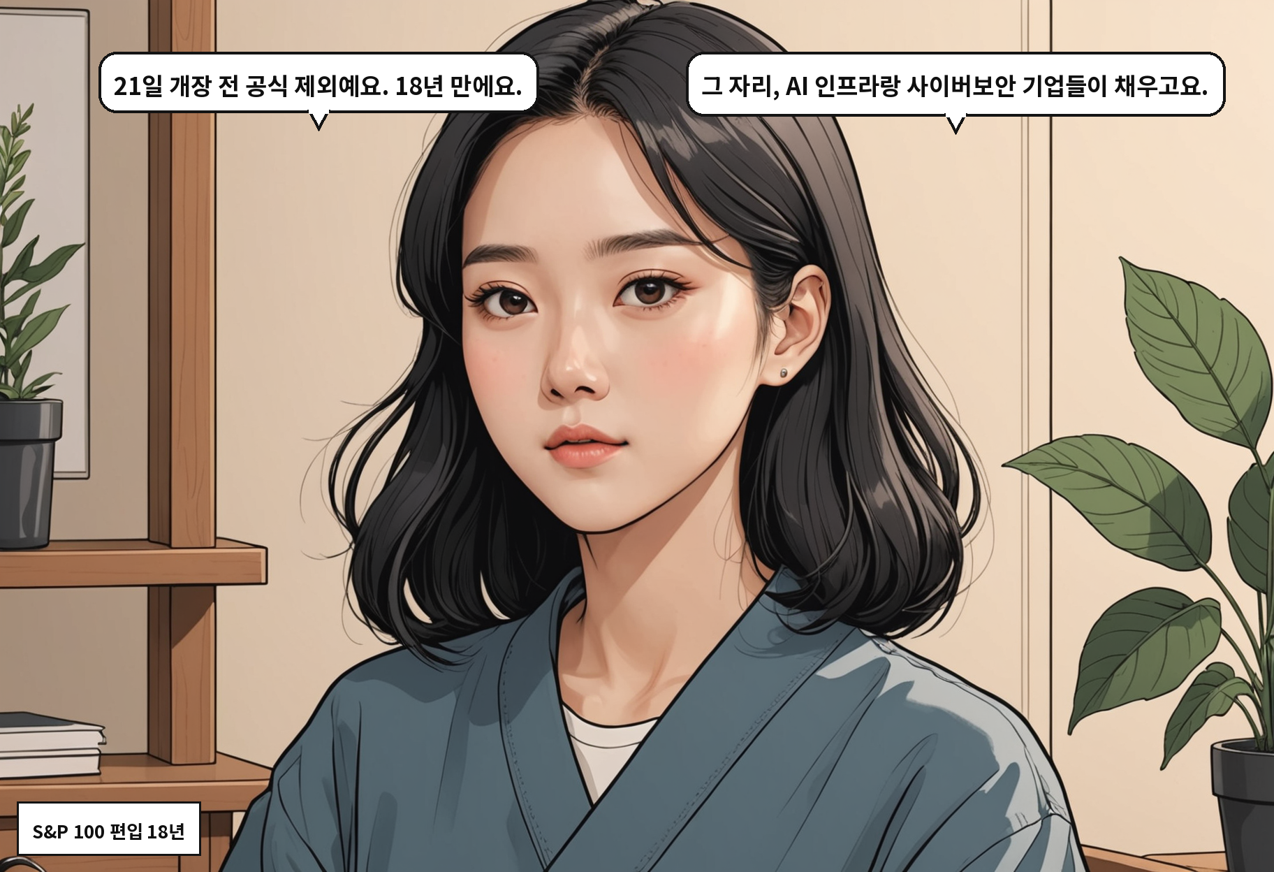 A: 21일 개장 전 공식 제외예요. 18년 만에요. B: 그 자리, AI 인프라랑 사이버보안 기업들이 채우고요.