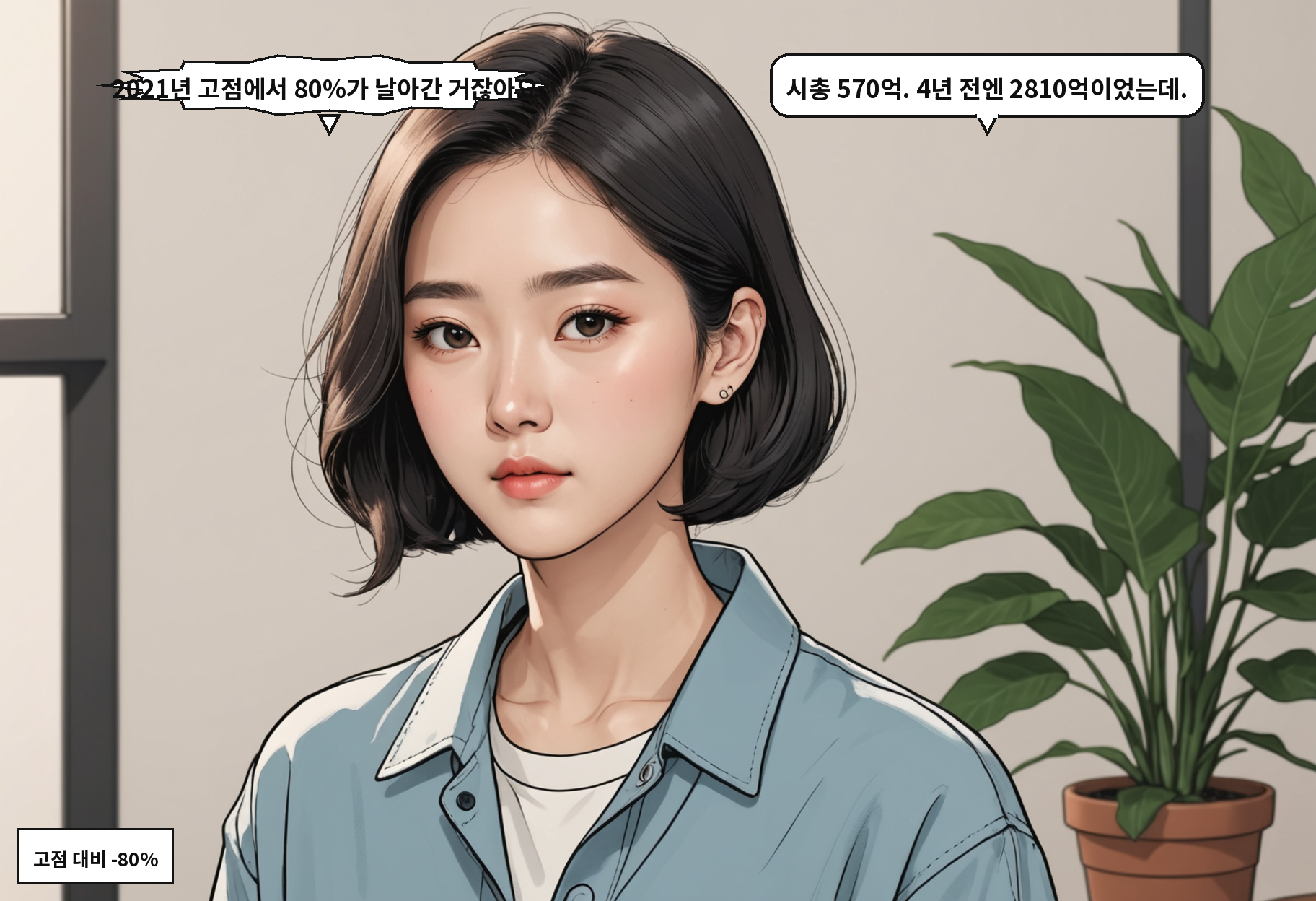 A: 2021년 고점에서 80%가 날아간 거잖아요. B: 시총 570억. 4년 전엔 2810억이었는데.