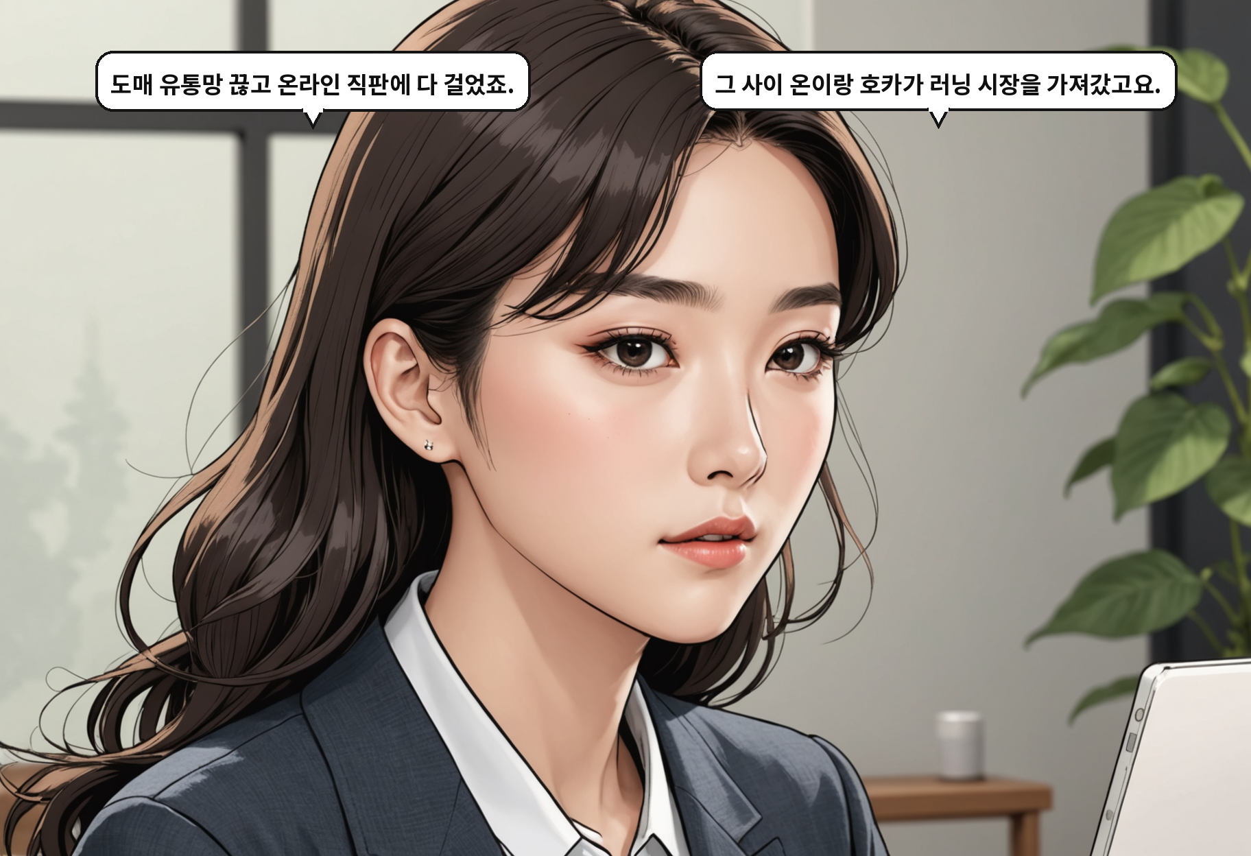 B: 도매 유통망 끊고 온라인 직판에 다 걸었죠. A: 그 사이 온이랑 호카가 러닝 시장을 가져갔고요.