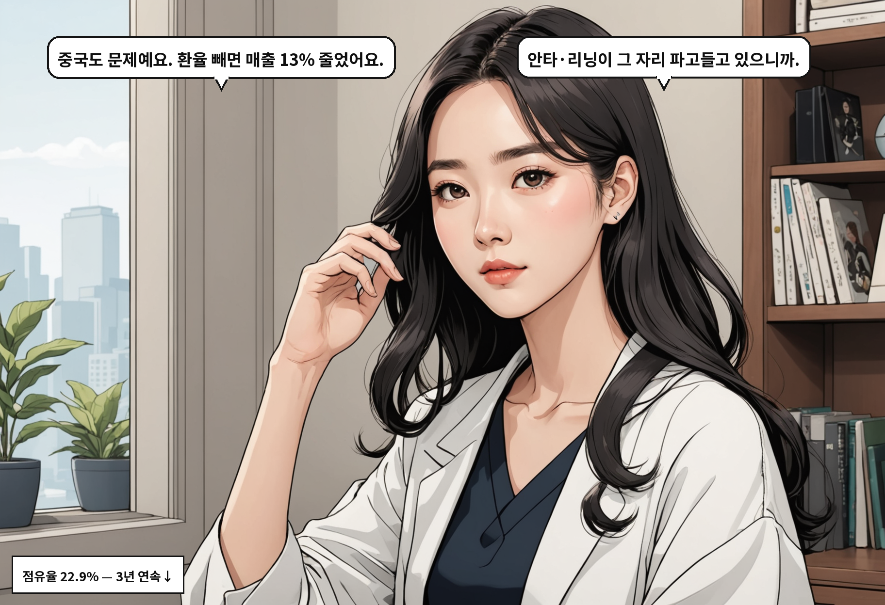 A: 중국도 문제예요. 환율 빼면 매출 13% 줄었어요. B: 안타·리닝이 그 자리 파고들고 있으니까.