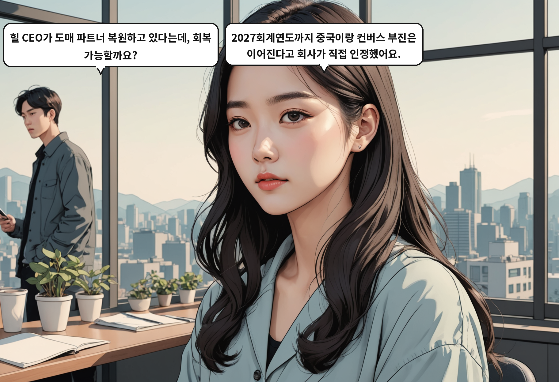 A: 힐 CEO가 도매 파트너 복원하고 있다는데, 회복 가능할까요? B: 2027회계연도까지 중국이랑 컨버스 부진은 이어진다고 회사가 직접 인정했어요.
