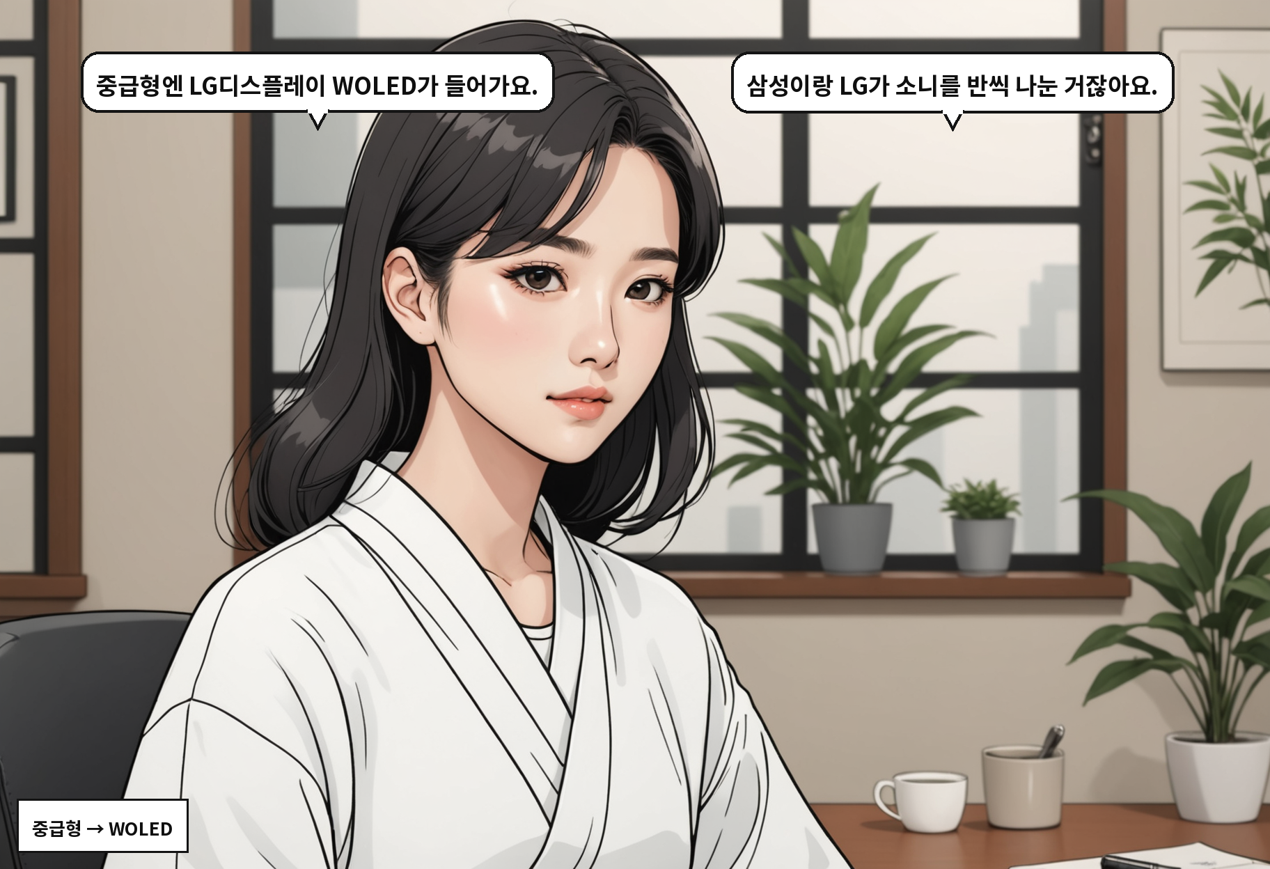 A: 중급형엔 LG디스플레이 WOLED가 들어가요. B: 삼성이랑 LG가 소니를 반씩 나눈 거잖아요.