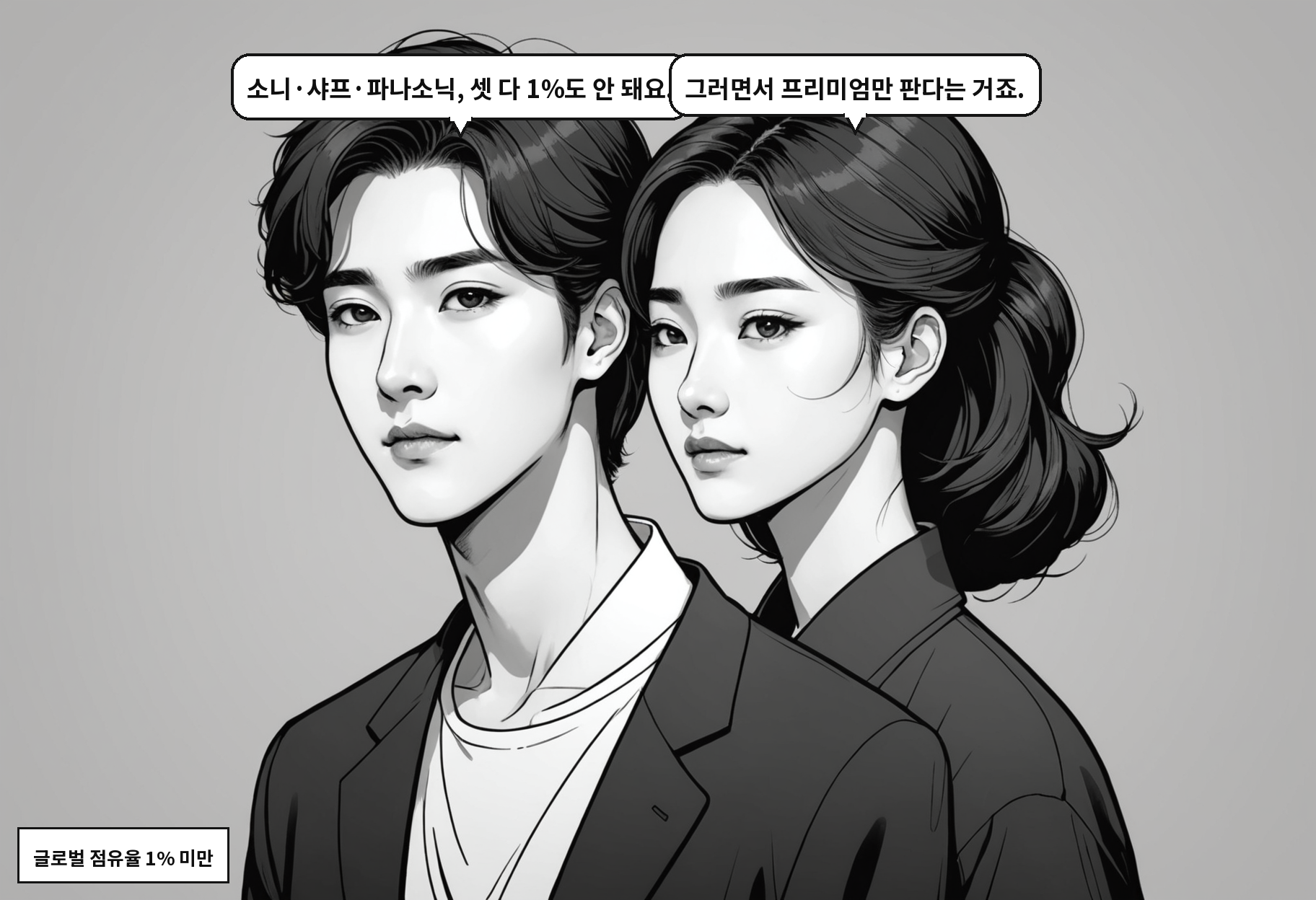 A: 소니·샤프·파나소닉, 셋 다 1%도 안 돼요. B: 그러면서 프리미엄만 판다는 거죠.