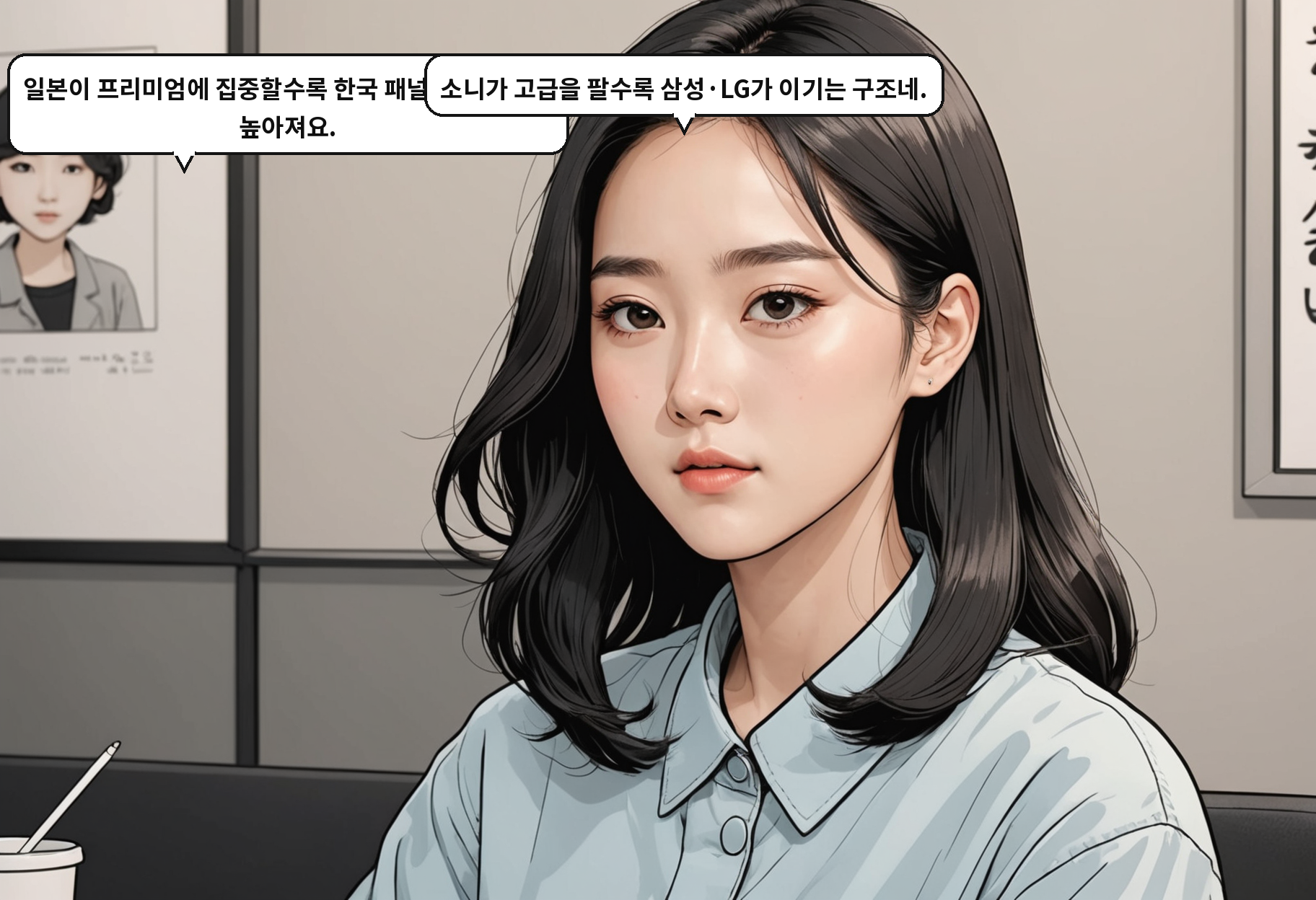 A: 일본이 프리미엄에 집중할수록 한국 패널 의존도는 더 높아져요. B: 소니가 고급을 팔수록 삼성·LG가 이기는 구조네.