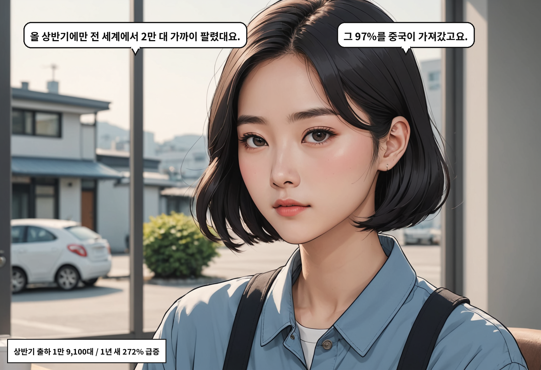A: 올 상반기에만 전 세계에서 2만 대 가까이 팔렸대요. B: 그 97%를 중국이 가져갔고요.