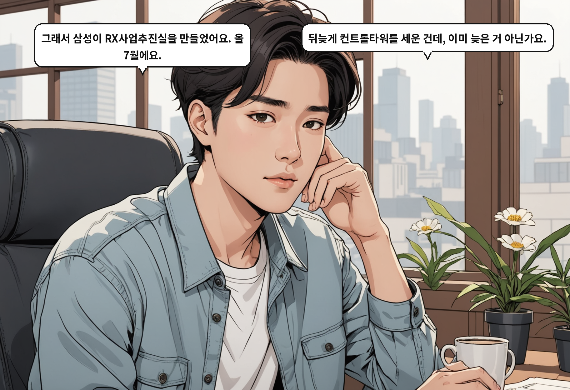 A: 그래서 삼성이 RX사업추진실을 만들었어요. 올 7월에요. B: 뒤늦게 컨트롤타워를 세운 건데, 이미 늦은 거 아닌가요.