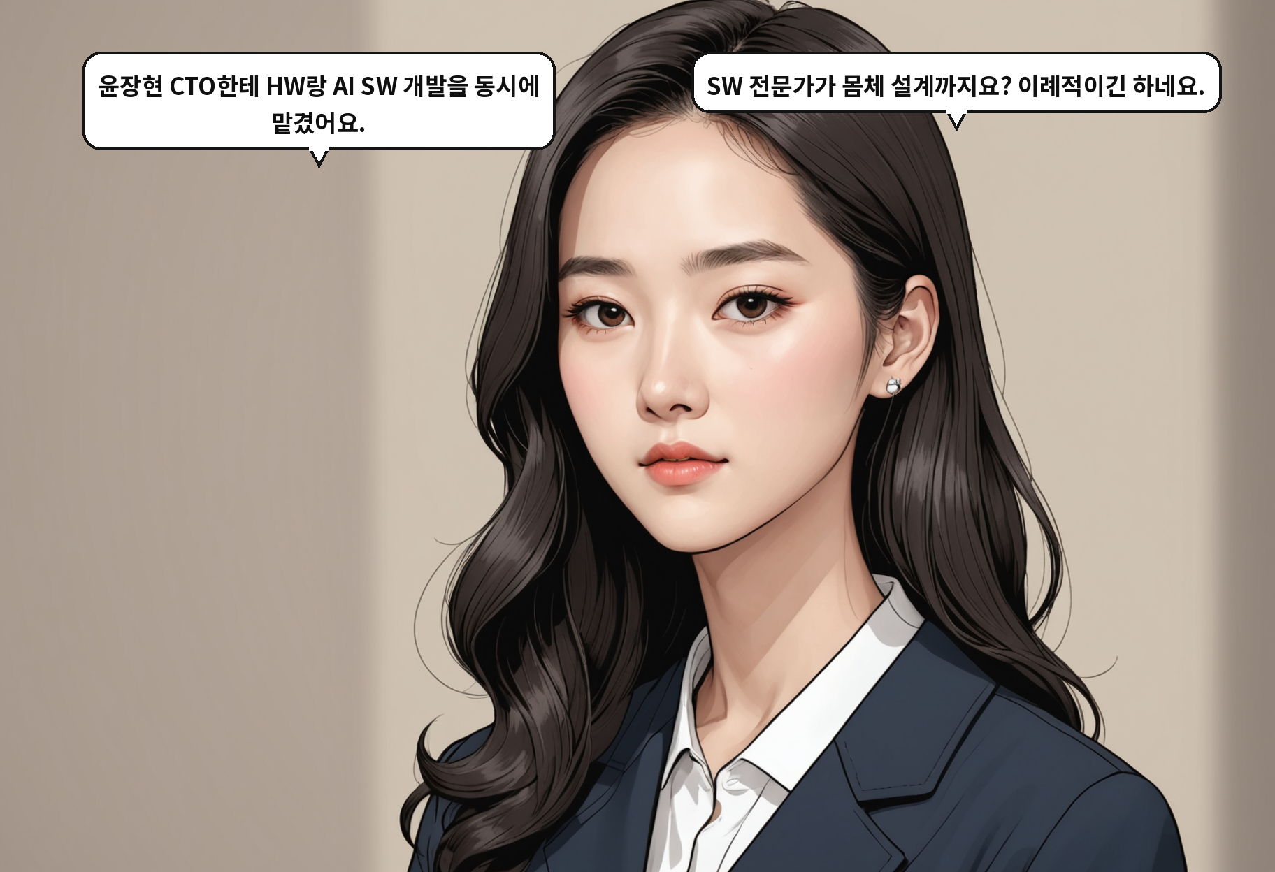 A: 윤장현 CTO한테 HW랑 AI SW 개발을 동시에 맡겼어요. B: SW 전문가가 몸체 설계까지요? 이례적이긴 하네요.
