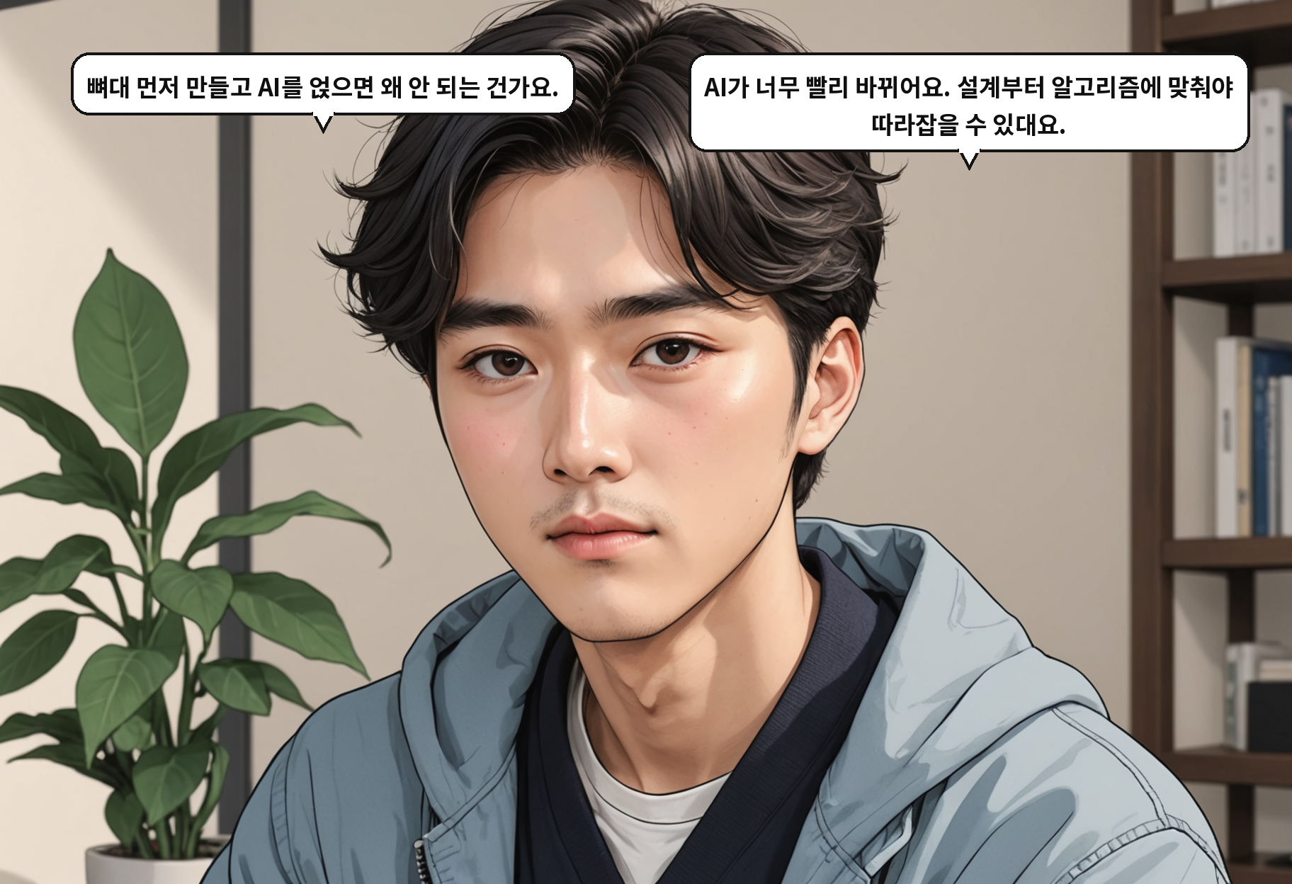 B: 뼈대 먼저 만들고 AI를 얹으면 왜 안 되는 건가요. A: AI가 너무 빨리 바뀌어요. 설계부터 알고리즘에 맞춰야 따라잡을 수 있대요.
