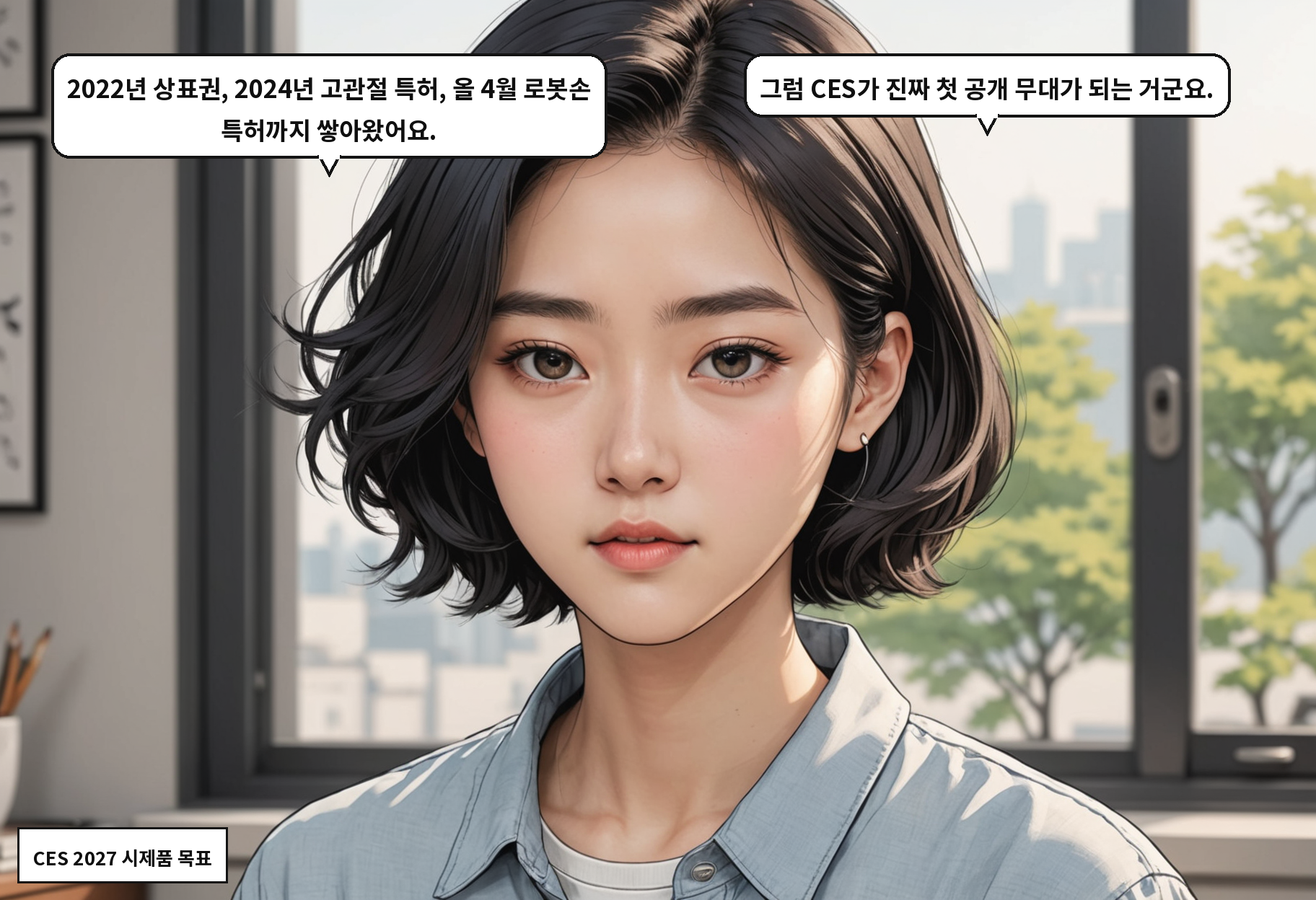 A: 2022년 상표권, 2024년 고관절 특허, 올 4월 로봇손 특허까지 쌓아왔어요. B: 그럼 CES가 진짜 첫 공개 무대가 되는 거군요.