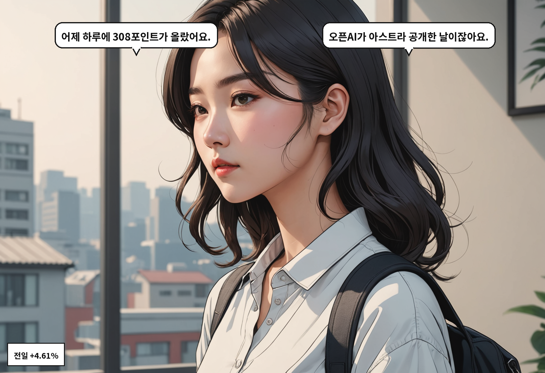 A: 어제 하루에 308포인트가 올랐어요. B: 오픈AI가 아스트라 공개한 날이잖아요.