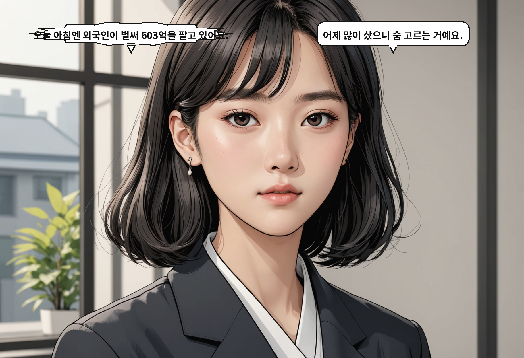 A: 오늘 아침엔 외국인이 벌써 603억을 팔고 있어요. B: 어제 많이 샀으니 숨 고르는 거예요.