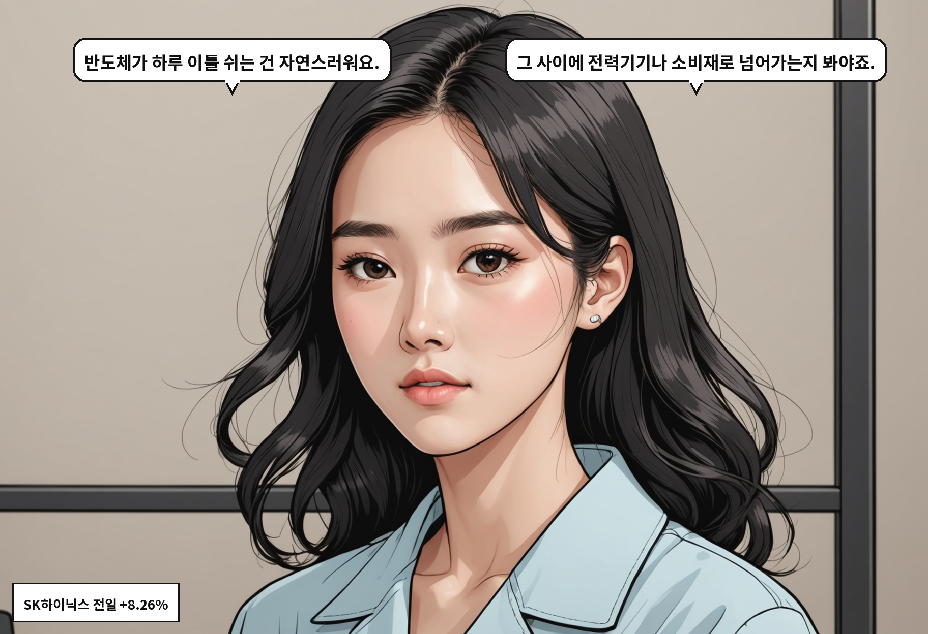 B: 반도체가 하루 이틀 쉬는 건 자연스러워요. A: 그 사이에 전력기기나 소비재로 넘어가는지 봐야죠.