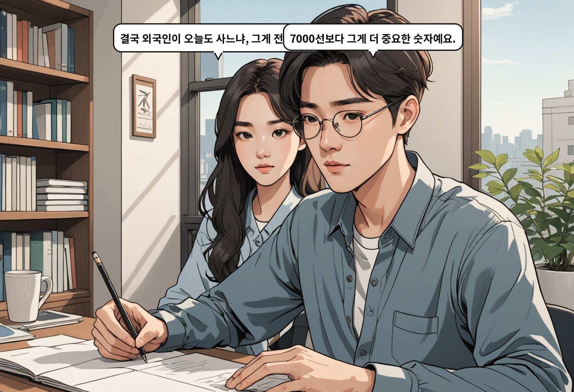 A: 결국 외국인이 오늘도 사느냐, 그게 전부네요. B: 7000선보다 그게 더 중요한 숫자예요.